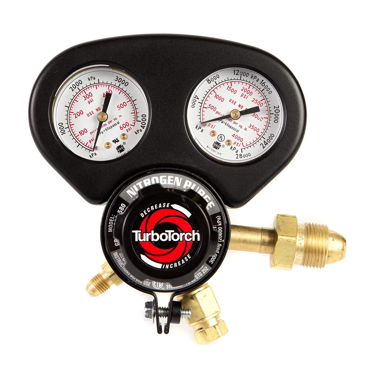 Crazy Deals TURBOTORCH 0386-0875 G Series Nitrogen Purge Regulator, Low Profile Design, Easy Grip Knobs, 2 Gauges, Gauge Guard, Alloy Bonnet, 500 PSI Delivery, 1/4 Flare Fitting, Single Stage Regulator