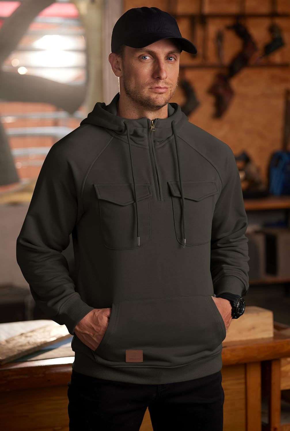 Men's Cargo Hoodie Quarter-Zip Midweight Casual Workwear Tactical Pullover with Pockets (S-3XL) - Image 3