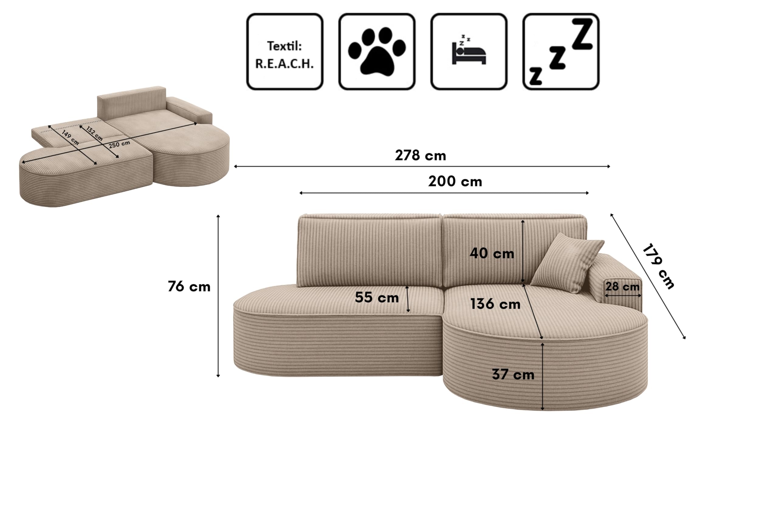 Kaiser Möbel - Ecksofa mit Schlaffunktion und Bettkasten, Wohnlandschaft L Form, Schlafsofa, Bequemes Couch mit Ottomane für Wohnzimmer und Jugendzimmer, Cordstoff MODENA Pro, Dunkelbeige Poso, Rechts