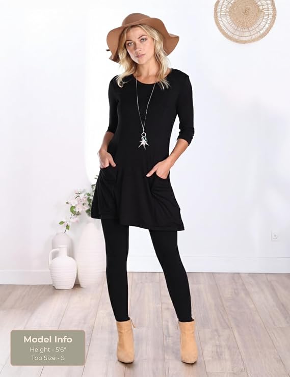 Popana 3 Pack Womens 3/4 Sleeve Tunic Top Scoop Neck Long Tunic Shirts to Wear with Leggings with Pockets
