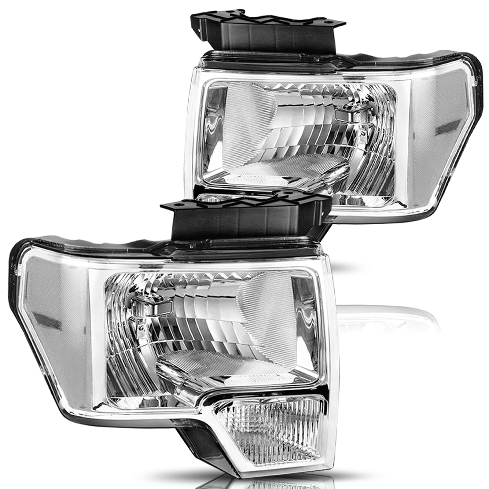 BRYGHT Headlight Assembly Fit for 09 to 14 Ford F150 Pickup Passenger & Driver Side, Chrome Housing & Clear Reflector
