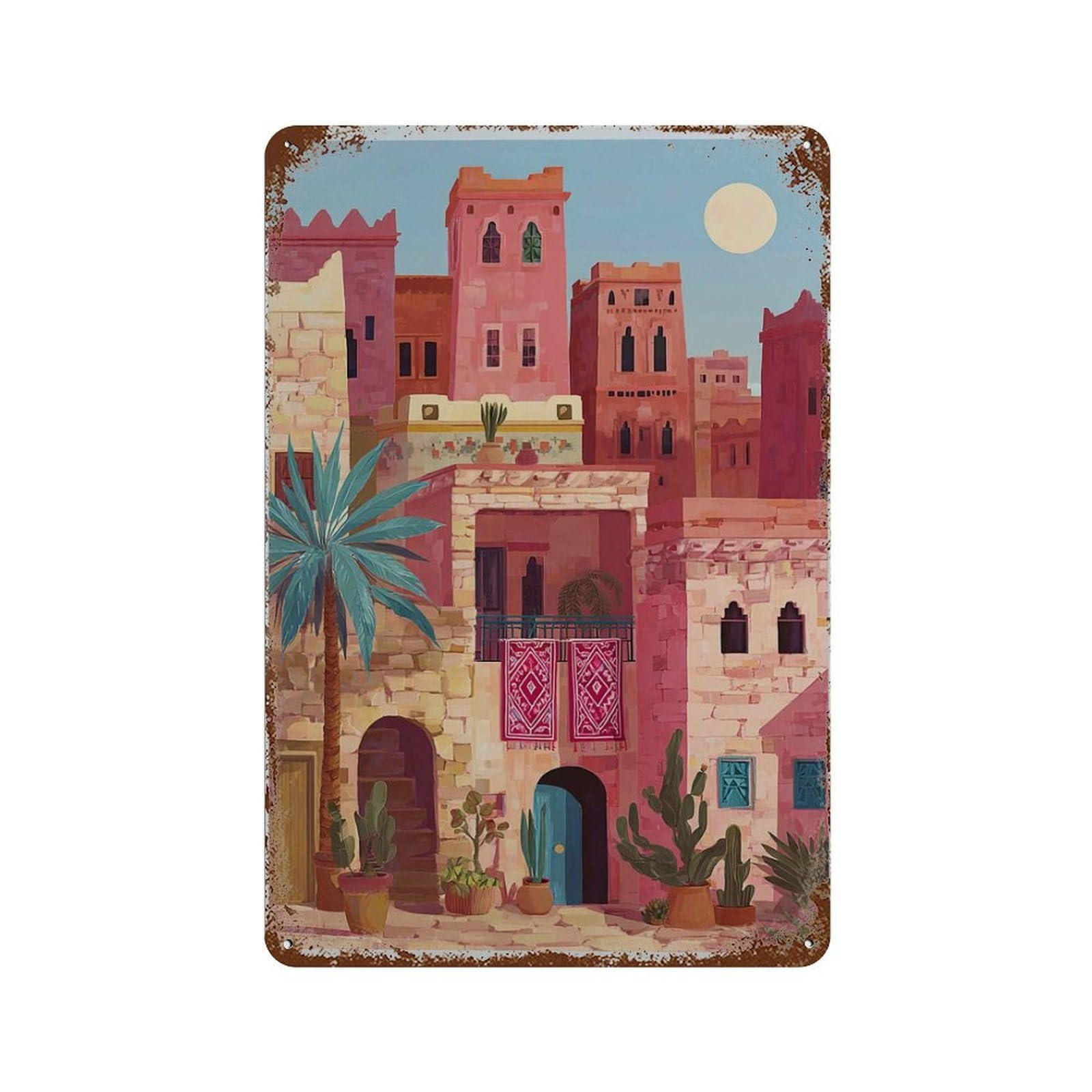 xiaoxiaoshen Moroccan City Desert Architecture Warm Pink Travel Boho Mediterranean Exotic Hom Wall Decor Art Metal Tin Poster Modern Home Decor Art Home Bar Shop Decorations Vintage Sign 30x20cm