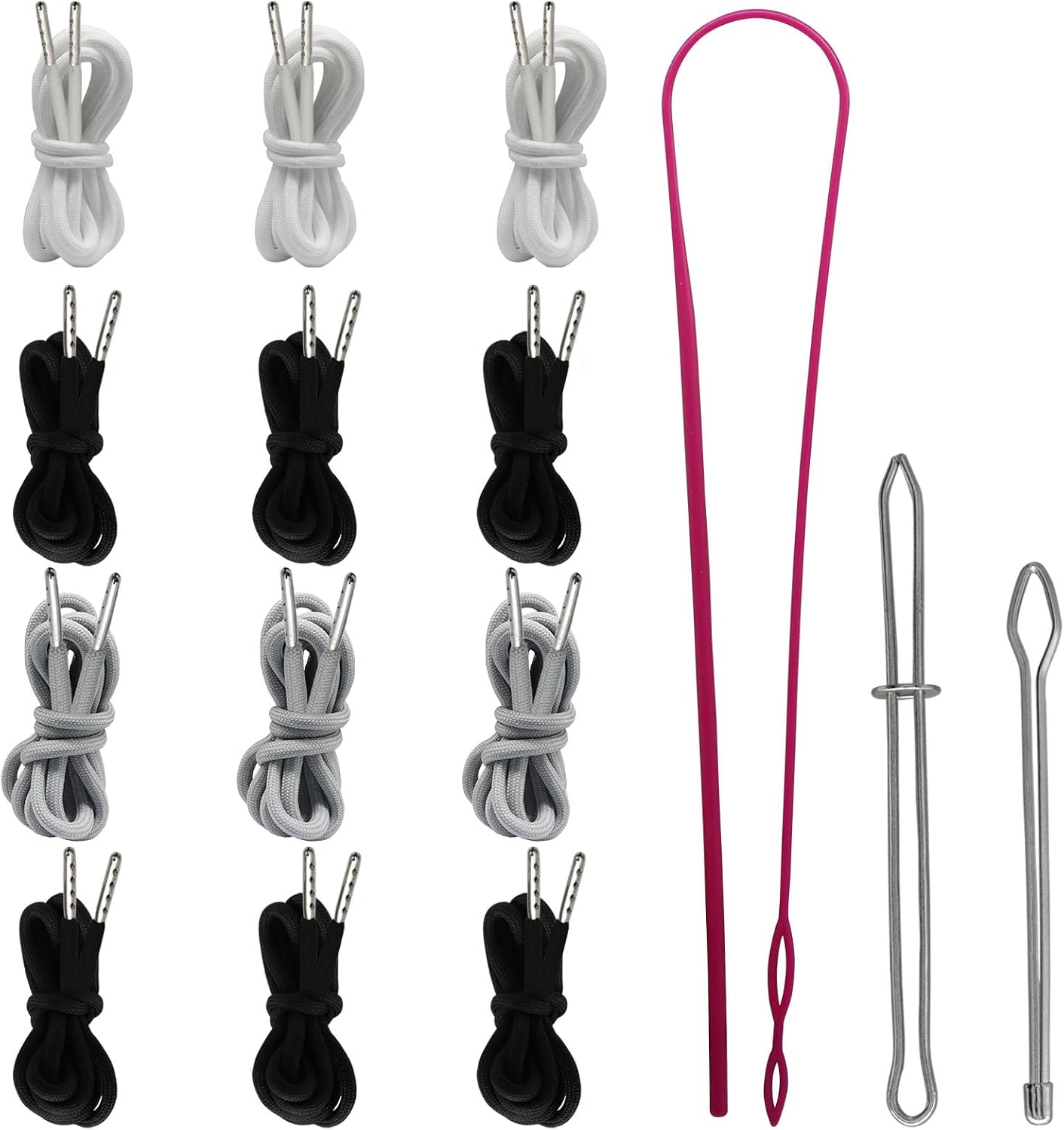 12 Pcs Drawstring Cord, Replacement Hoodie Strings with Threader Tool, Easy Threaders for Sweatpants/Pants (Black & White & Grey)