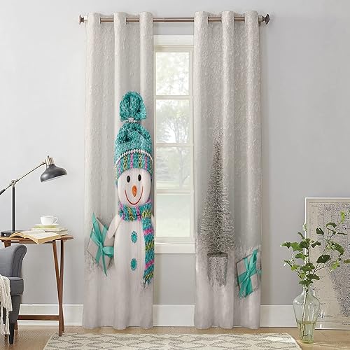 Miniatura 4 de Libaoge Curtains Panels for Kitchen Modern Cute Smile Snowman with a Green Hat Gray Texture Window Curtains Light Filtering Grommet Top Drapes for