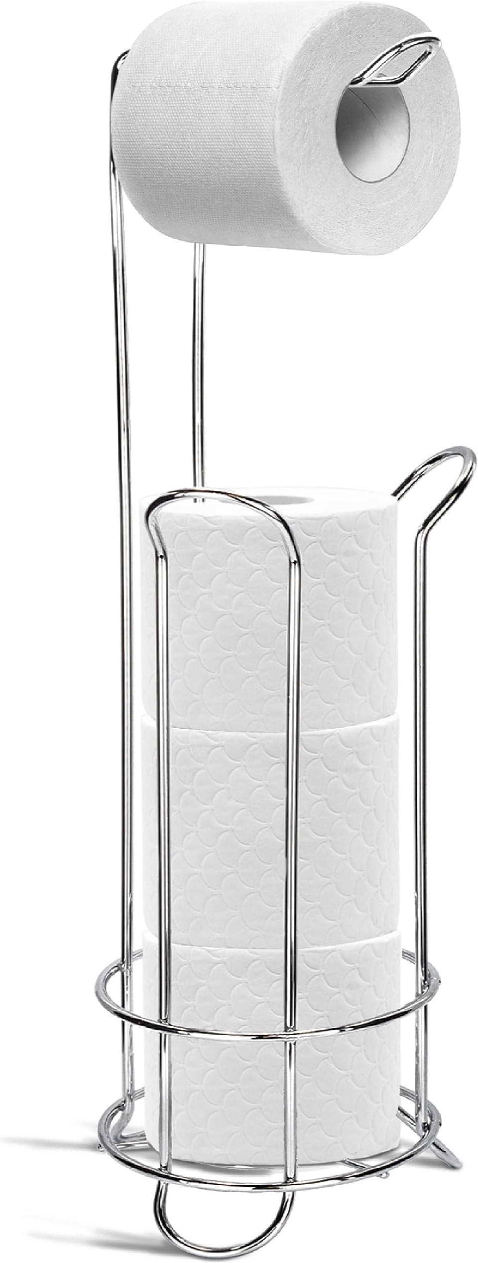 BrookstoneBROOKSTONE – Chrome Toilet Paper Holder with Dispenser, Freestanding Bathroom Tissue Organizer, Minimal Storage Solution, Stylish Design, Holds Up to 3 Extra Large Rolls + 1 On Top