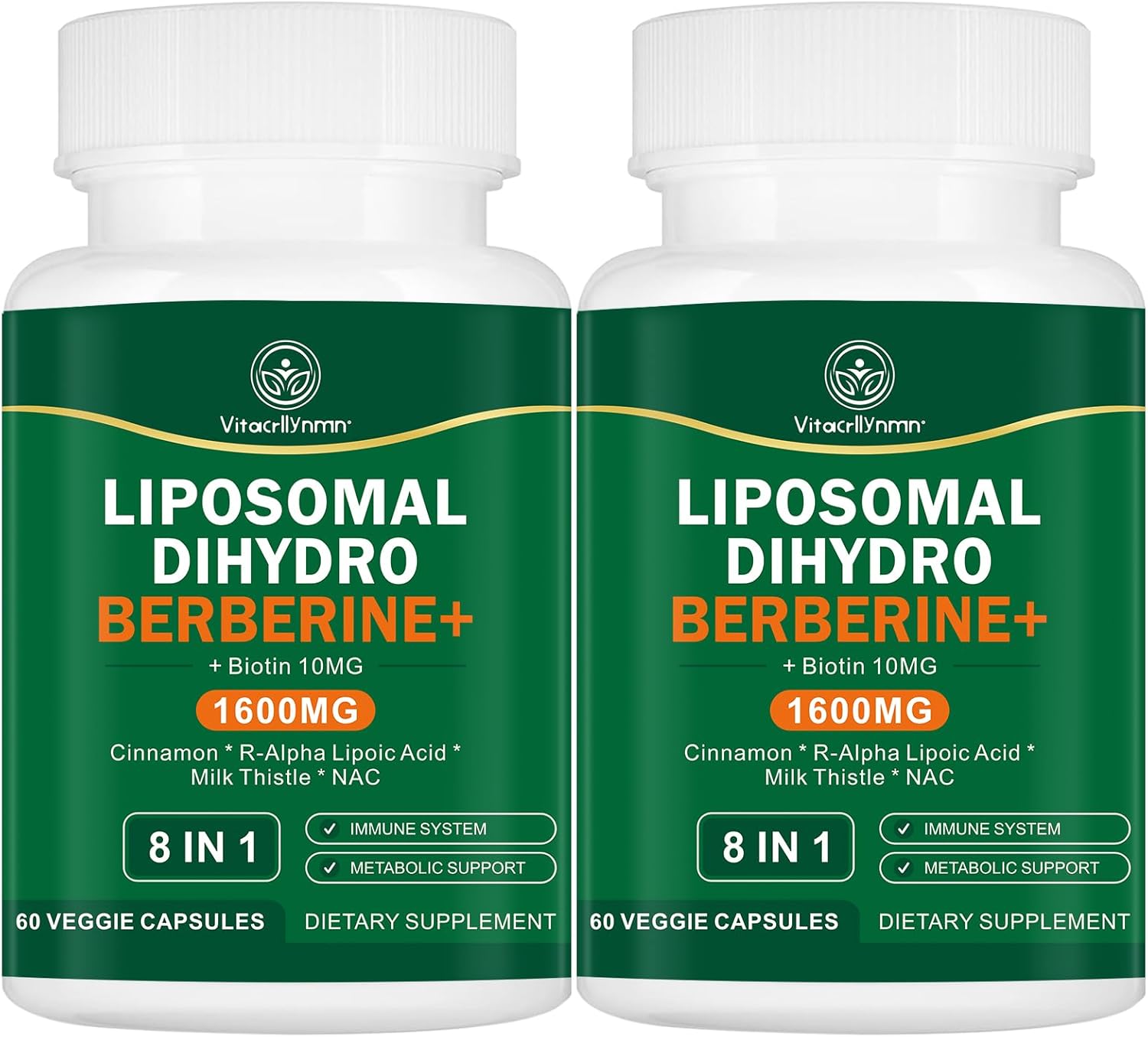 Dihydroberberine Supplement 1600MG Super Berberine and Dihydroberberine with Cinnamon 8 in 1 Supplement 120 Capsules