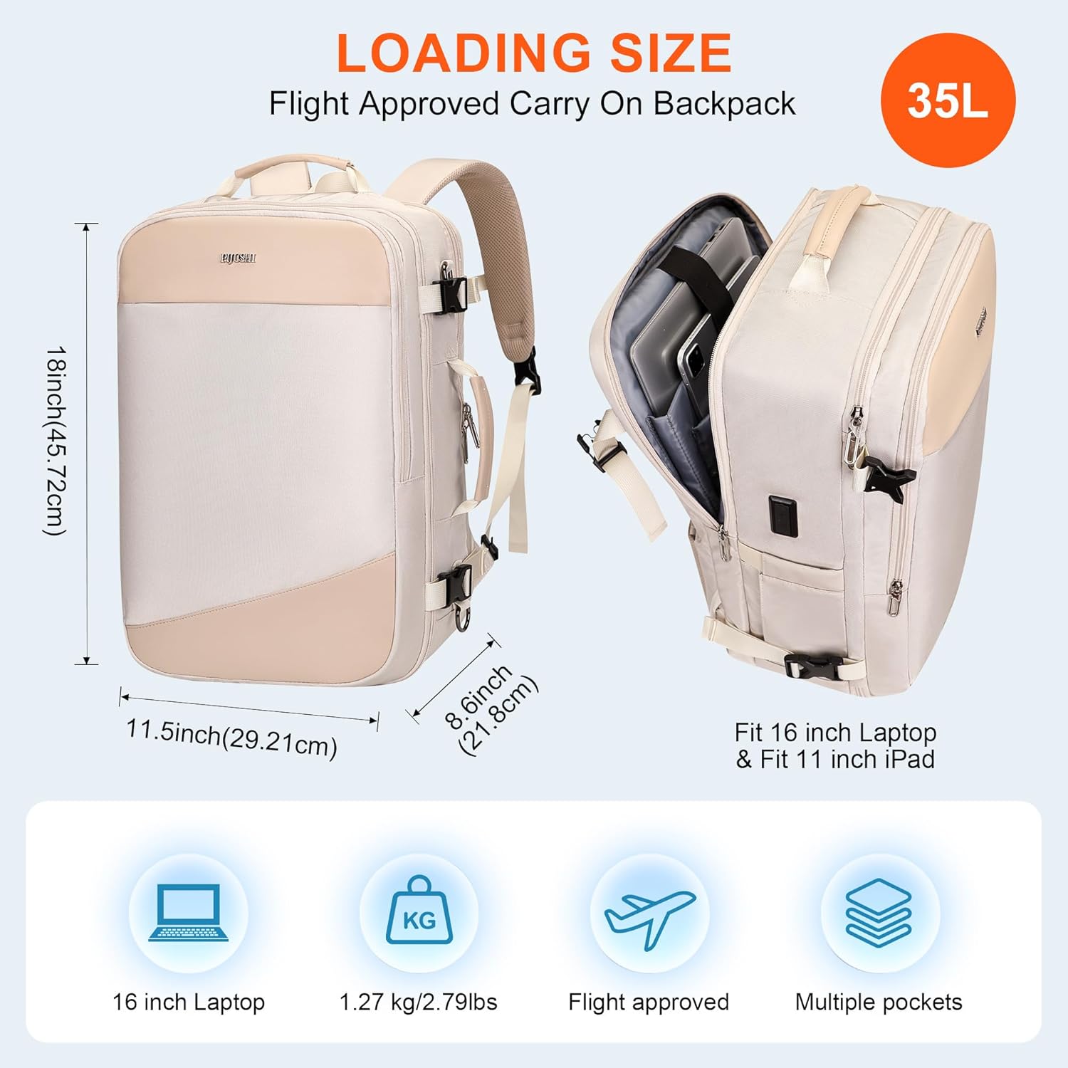 PIJUSHI Travel Backpack for Women Carry on Suitcase Backpack Flight Approved Personal Item Bag Fits 16 Inch Laptop(PE035 Beige) - Image 5