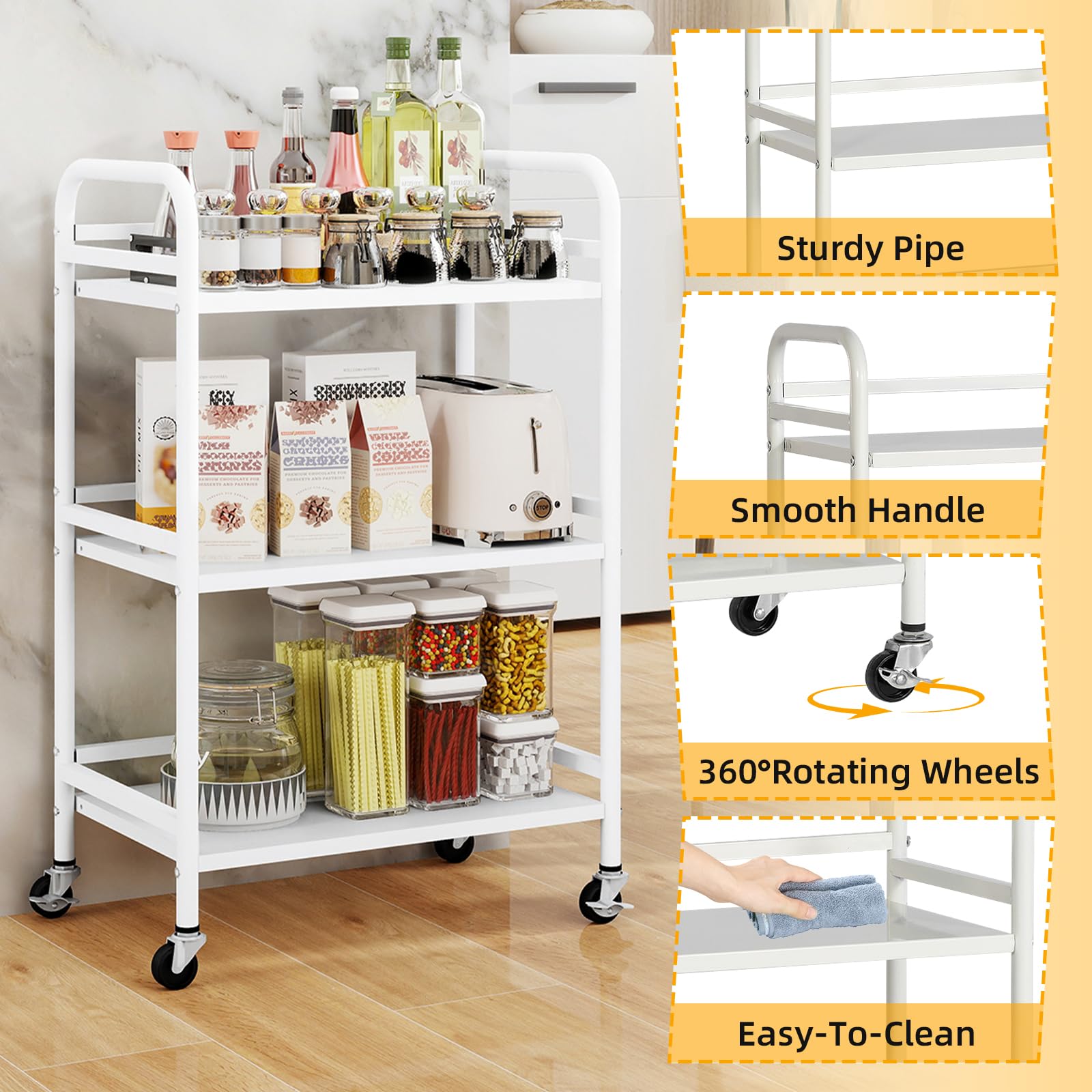 HDANI Carrello su ruote,Carrello Portaoggetti Metallico Con 3 Ripiani Carrello Organizer Con Ruote,Per Cucina,Trucco,Bagno,Ufficio,48×30×75cm,Bianco