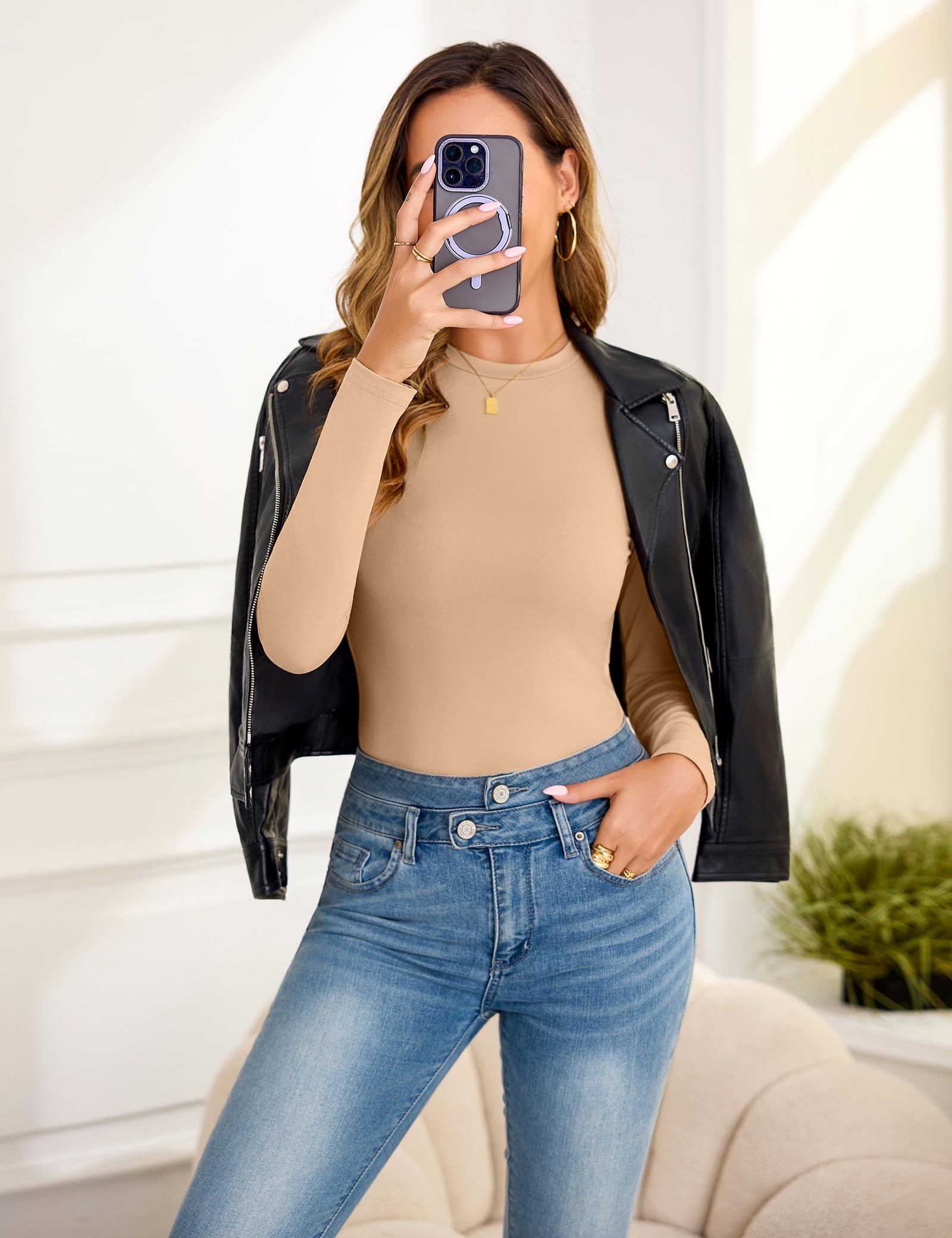 Aottori Camiseta Cuello Redondo Mujer Manga Larga Básica Tops Elástica Ajustada Ligera Ropa Interior Térmica Suave Cálida para Otoño Invierno Primavera