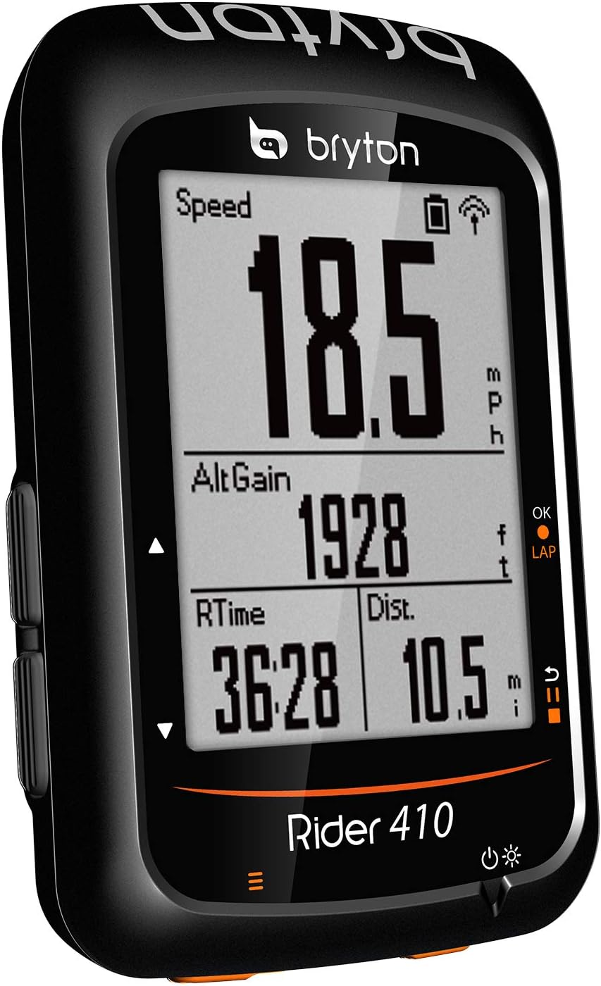 Bryton Rider 410 display showing speed, altitude gain, ride time, and distance.