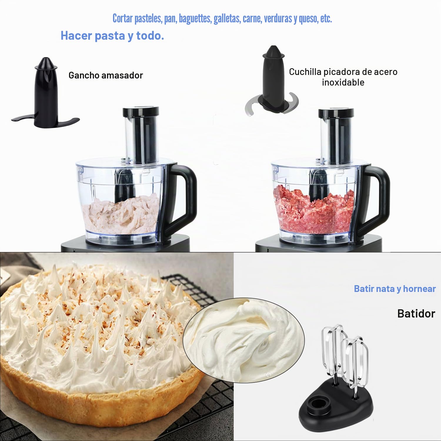 TopStrong Procesador de Alimentos, 800W Robot de Cocina, 3 Velocidades y Pulse, Recipiente de 2L, Incluye 3 Discos de Corte, Picadora, Amasadora y Batidor