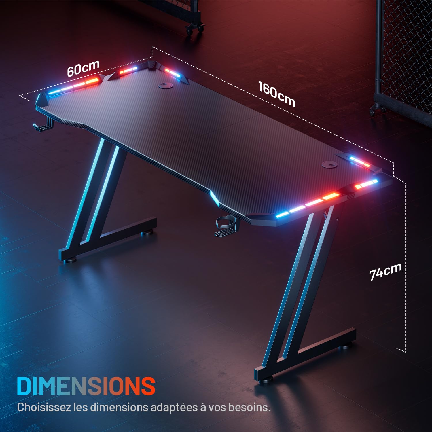 HLFURNIEU Bureau Gaming avec LED, 160 x 60 cm, Ergonomique, Noir