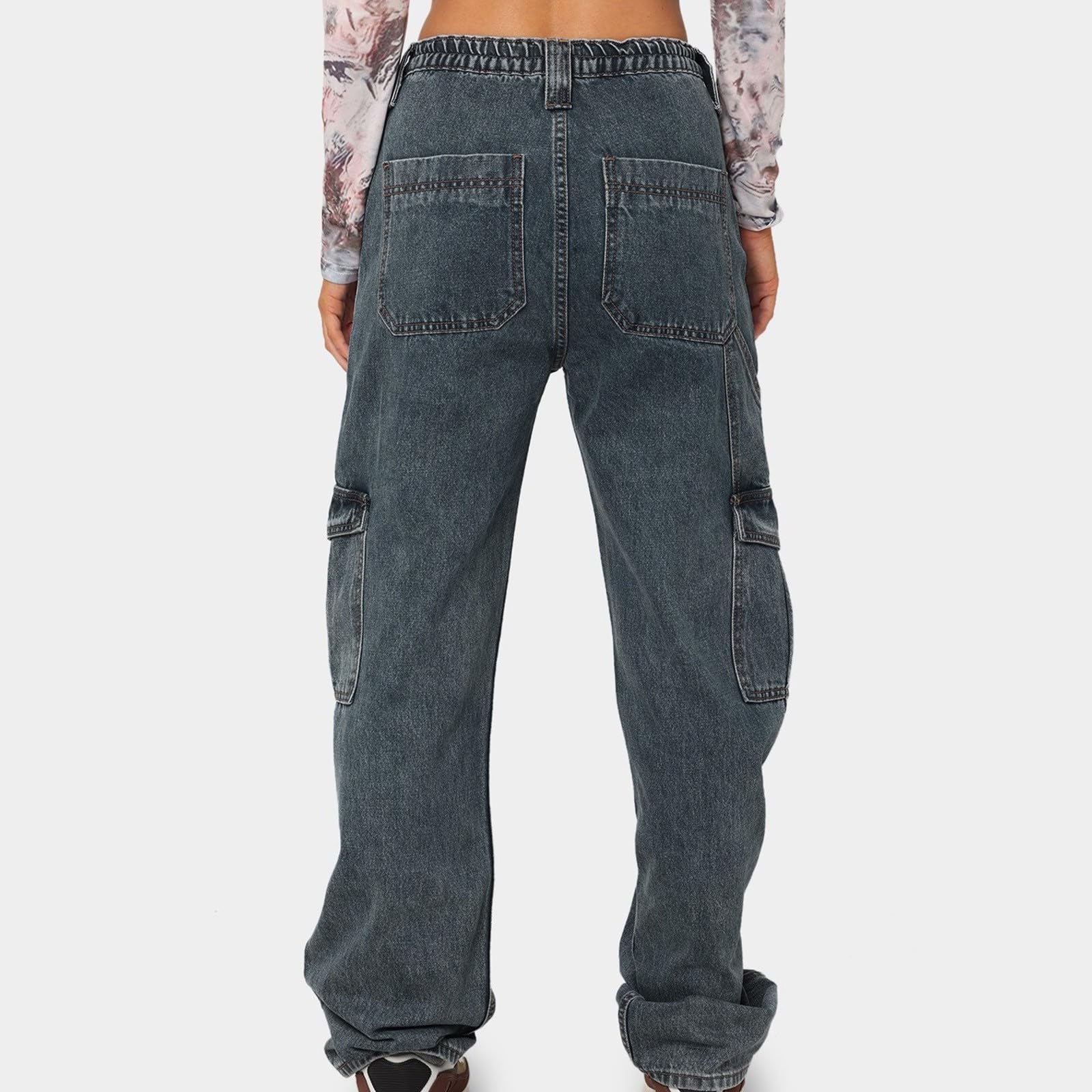 Damen Jeans Stretch Jeanshose Mit Hoher Taille Und Weitem Bein, Cargohose, Lange Hose Gerader Schnitt Gummibund Barrel Leg Mom Große Größen Flared Leggings Kurze Hüftjeans Extrem Tief