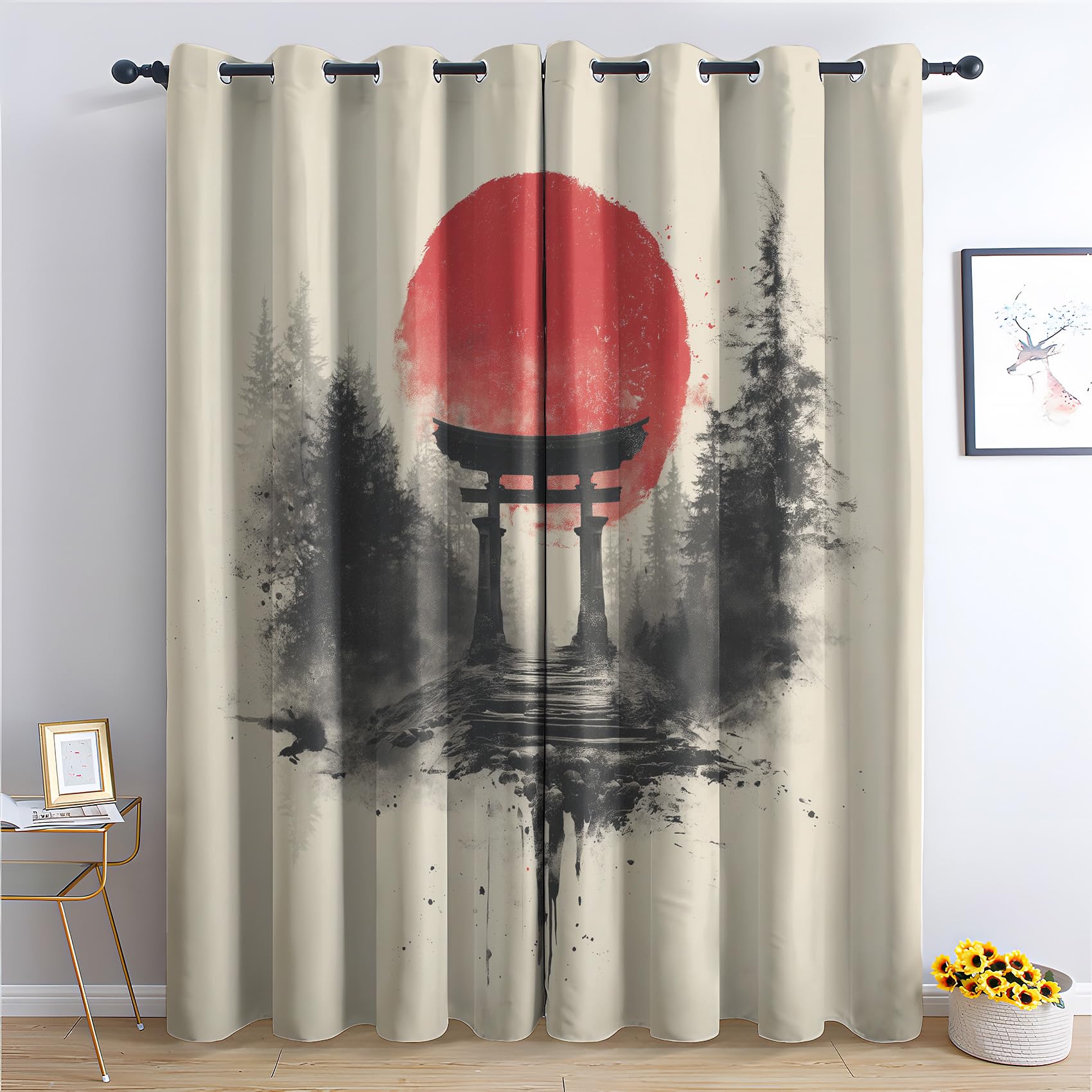 Venivici Japanese Torii Gate Blackout Curtains for Bedroom Living Room - 84 Inch Drop Curtains Eyelet, Asian Ink Wash Patterned Window Treatments, Thermal Insulated Drapes 52x84 2 Panels