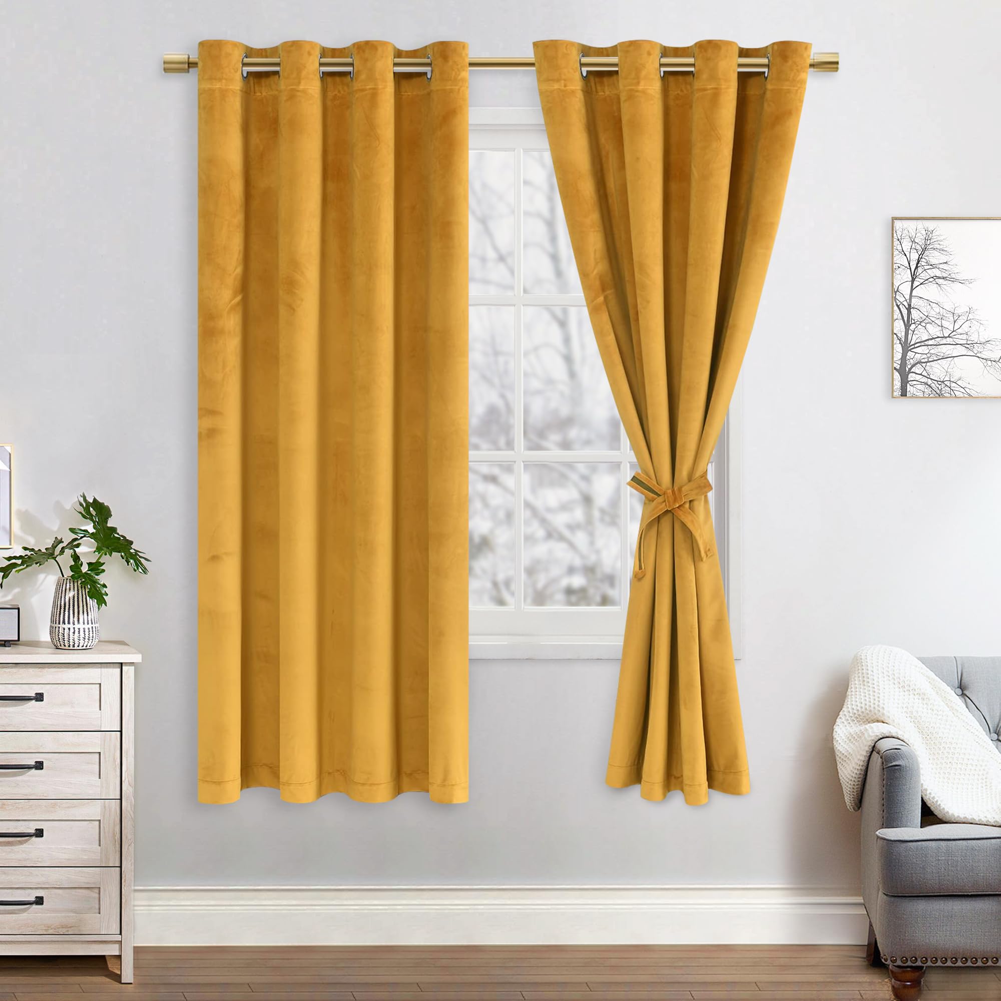 JIUZHEN Cortinas opacas de terciopelo, juego de 2 cortinas opacas suaves con ojales para dormitorio, 140 x 175 cm (ancho x alto), cálido Glod Recycled Claim Standard Blended