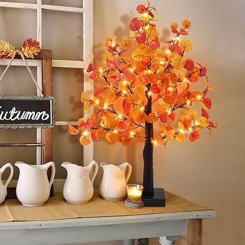 Miniatura 6 de Agusbagli Árbol de eucalipto artificial de 24 pulgadas, 55 luces LED, funciona con pilas, árbol de mesa con temporizador para interiores, hogar,
