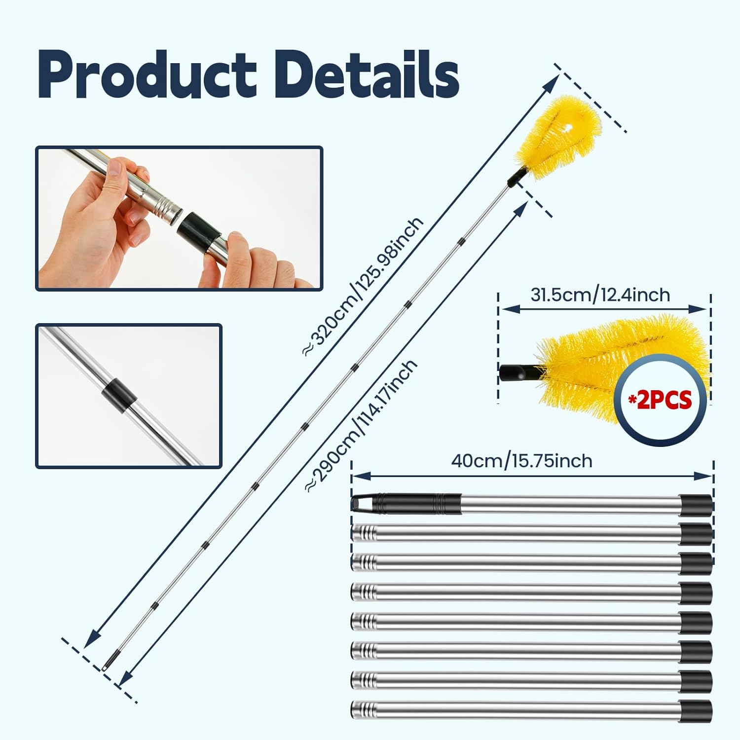 Gutter Cleaning Brush, Extendable Gutter Cleaning Tools for Removing Leaves, Debris and Twigs, 8 Stainless Steel Tubes and 2 Brush Head, 10.5 feet Long Gutter Cleaning Brush Roofing Tool (Yellow)
