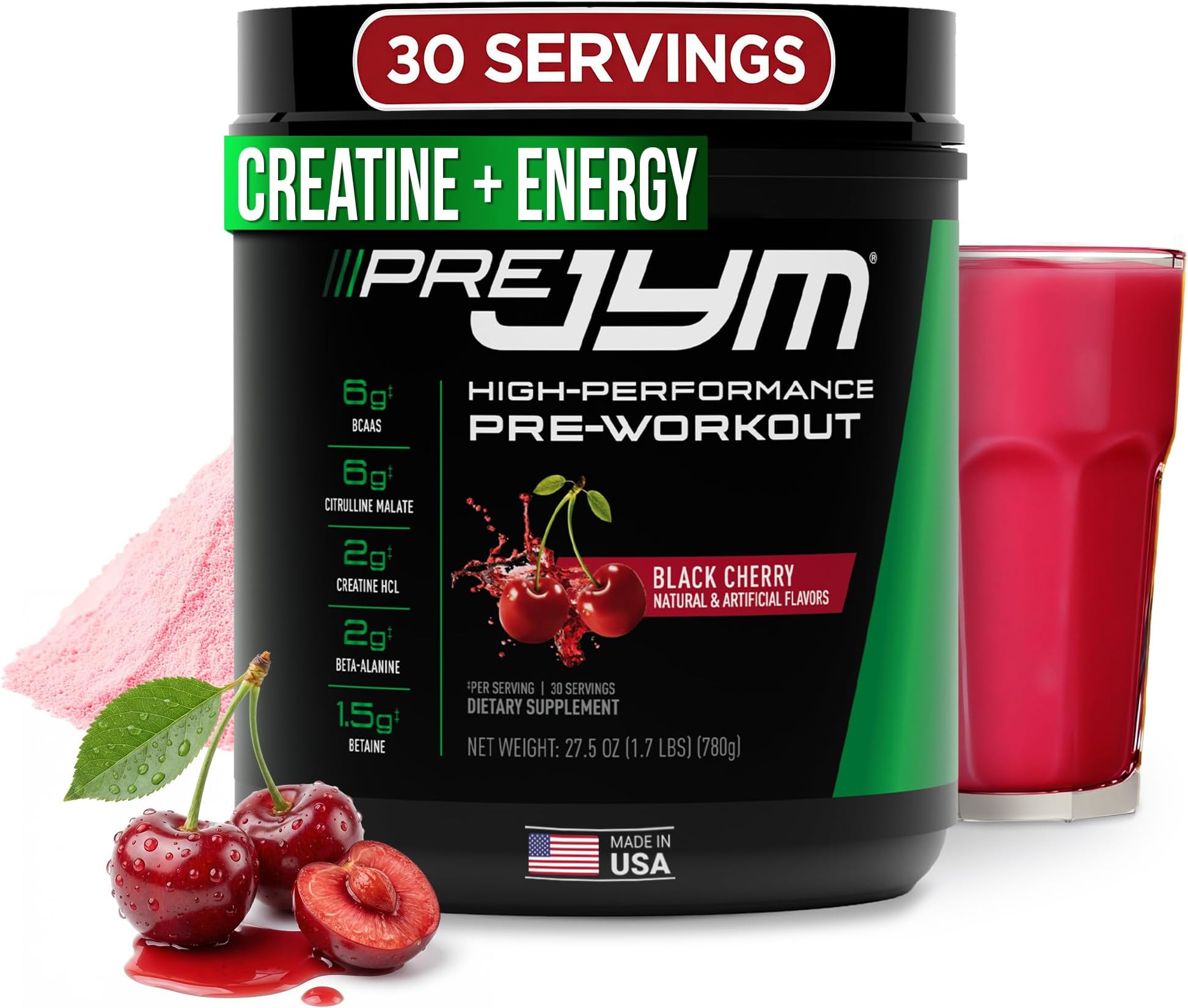 JYM Supplement Science Pre JYM Black Cherry Pre Workout Powder for Men & Women, BCAAs, Nootropics, Creatine HCI, Citrulline, Beta-Alanine, Betaine, Taurine, Huperzine, 30 Servings