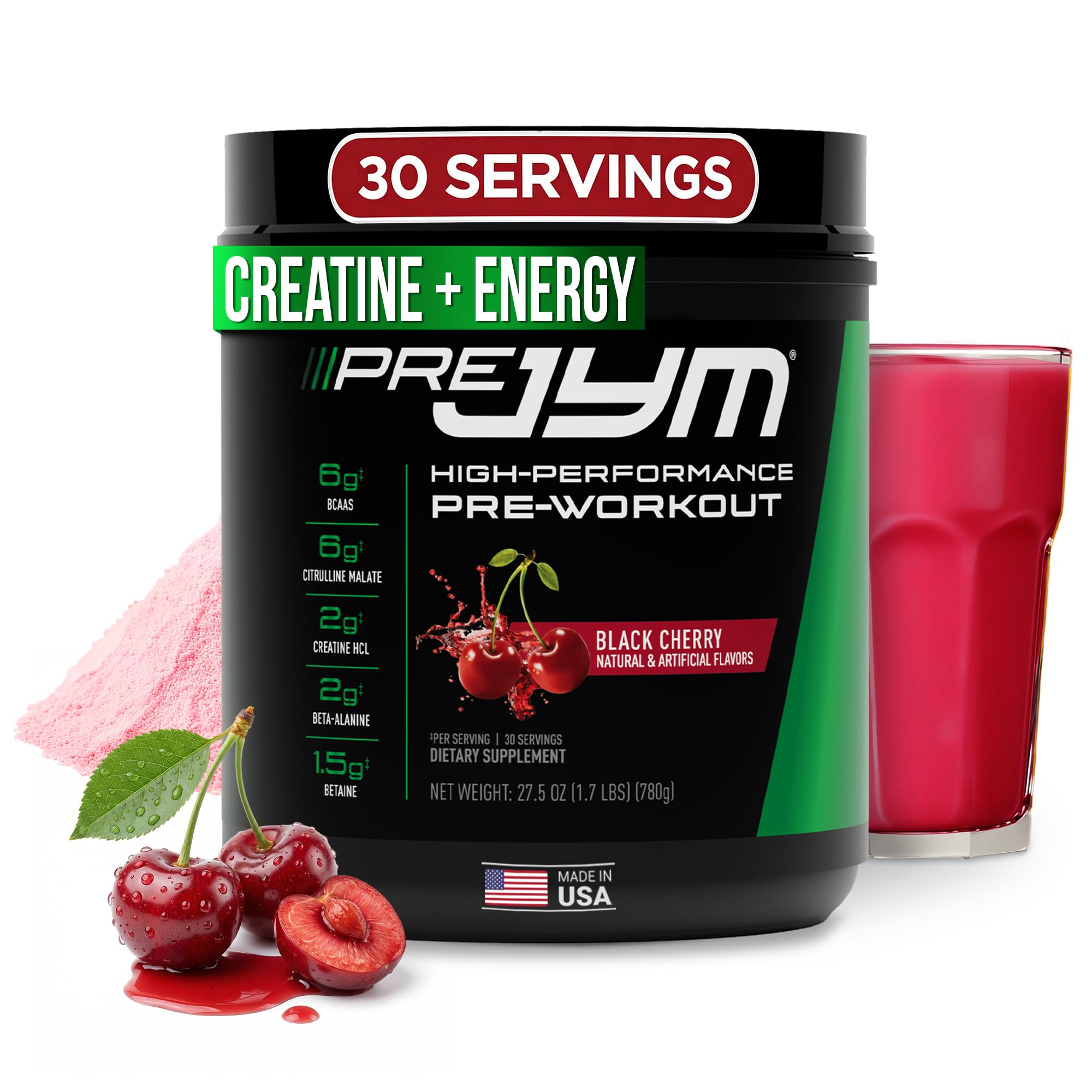 JYM Supplement Science Pre JYM Black Cherry Pre Workout Powder for Men & Women, BCAAs, Nootropics, Creatine HCI, Citrulline, Beta-Alanine, Betaine, Taurine, Huperzine, 30 Servings
