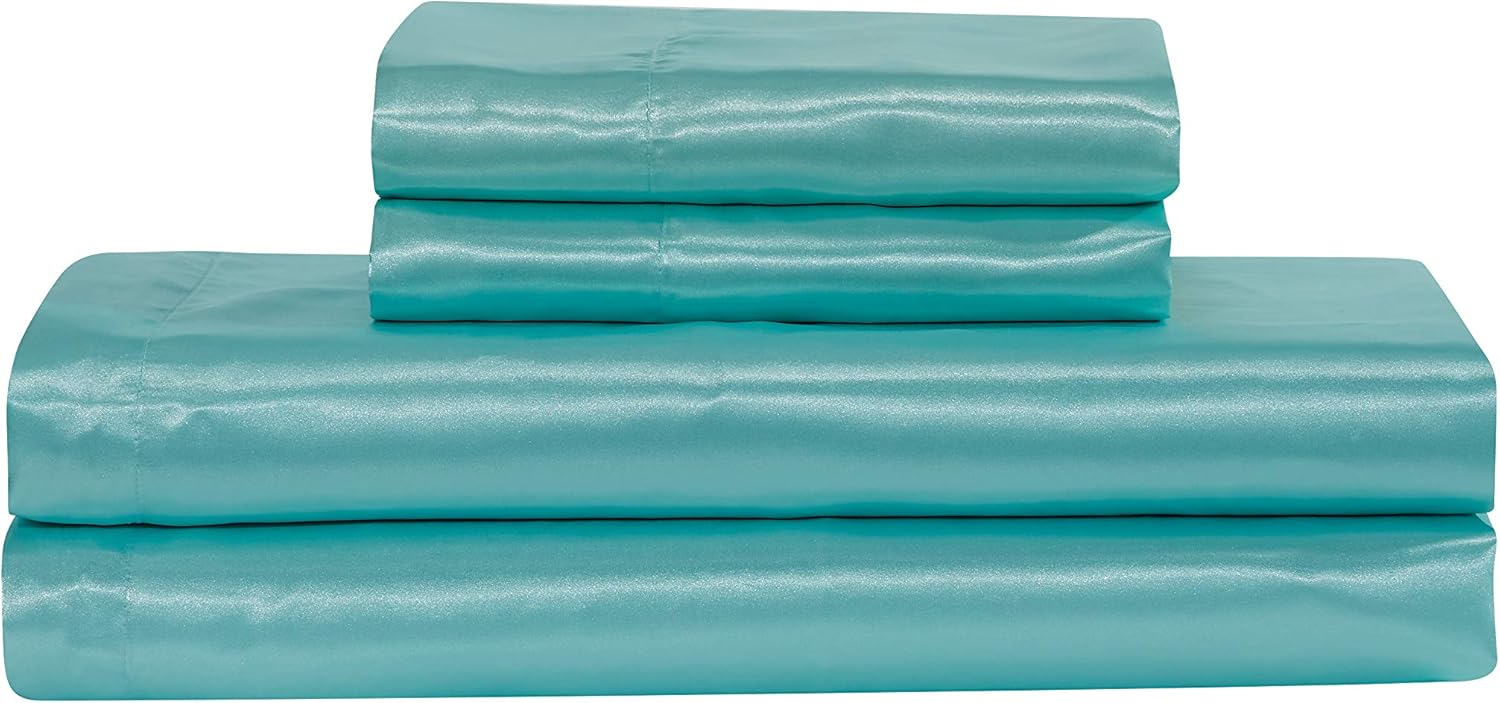 Linen Plus Satin Sheet Set Soft Silk Cozy Solid New (Aqua Blue, Queen) Home & Kitchen