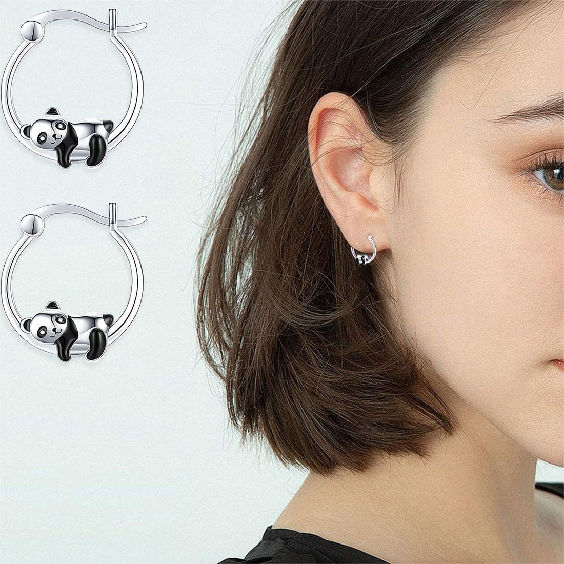 Boucles d'oreilles Panda pour Filles, Argent Sterling 925 Boucles d'oreilles Petite Creoles Animaux Hypoallergéniques Mignon Panda Bijoux Cadeau d'Anniversaire Cadeau de Saint-Valentin