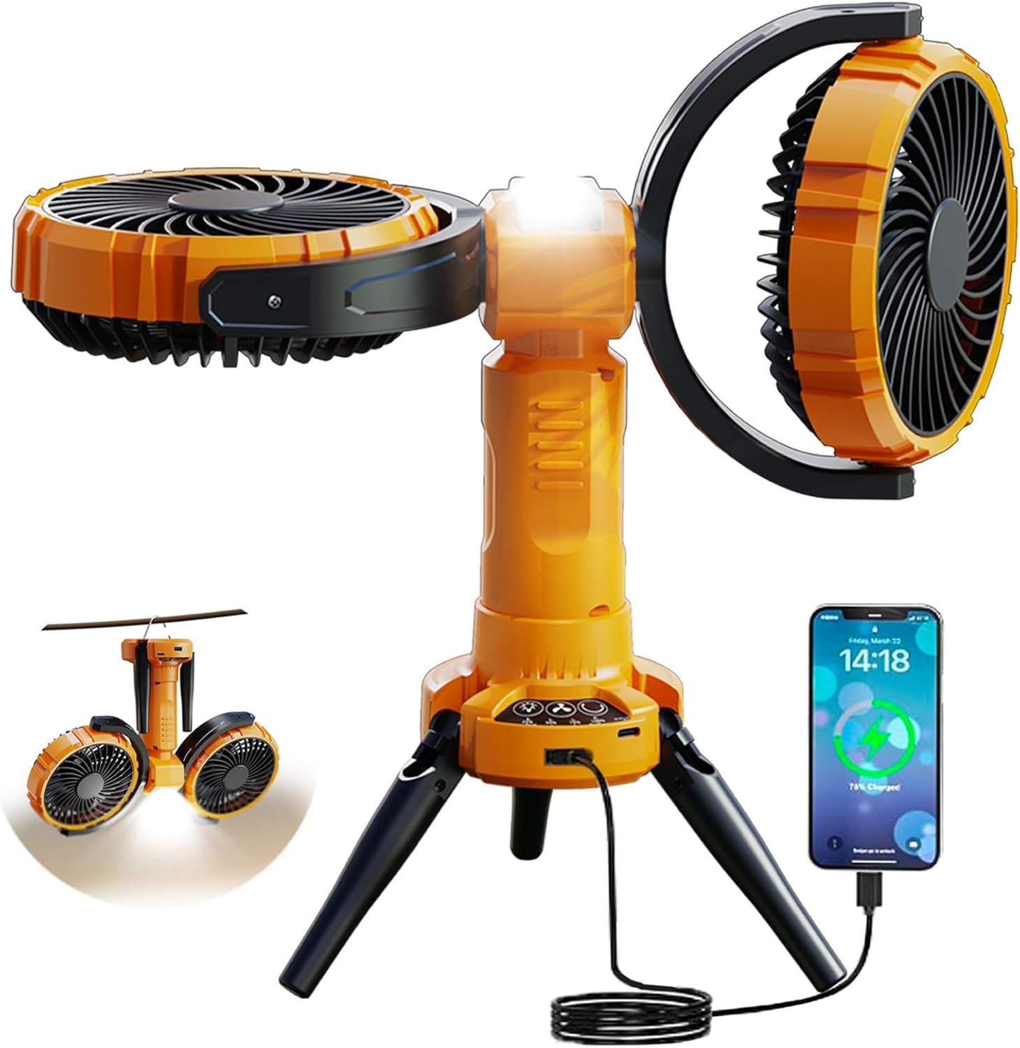 NIFBANG Camping Fan with Light,8000mAh Rechargeable Battery Powered Tent Ceiling Cooler Fans,270° Oscillating 360°Rotation Portable Camping Essentials Gear for Outdoor Canopy,Travel,Fishing,Yellow