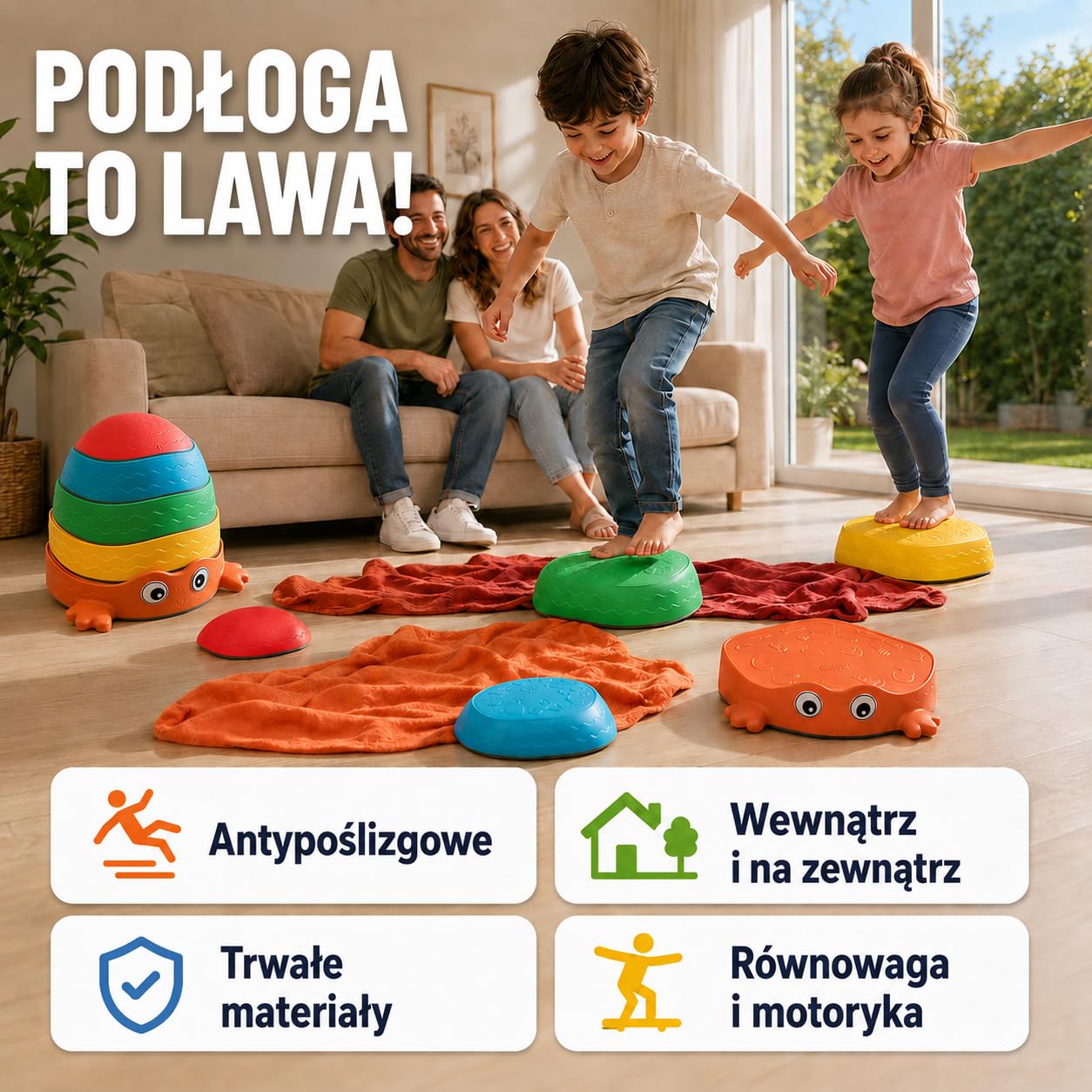 Kamienie do balansowania dla dzieci, antypoślizgowy tor przeszkód, 5 szt. | Od 3 lat, wypukłe motywy do nauki przez dotyk, spód TPE na parkiet i panele, udźwig 80 kg, 5 rozmiarów, do domu i ogrodu