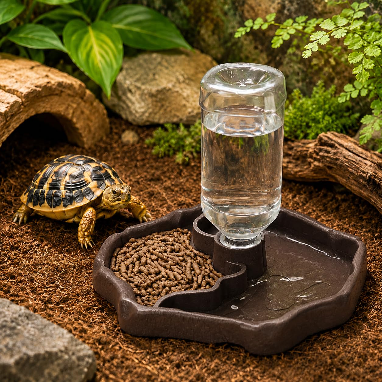 Futternapf für Schildkröten Tränke, ZoneYan Reptilien Wasserschale mit Flasche, Terrarium Wasserschale, Reptilien Wasserspender für Schildkröten, Geckos, Schlangen, Frösche (Schwarz,L)
