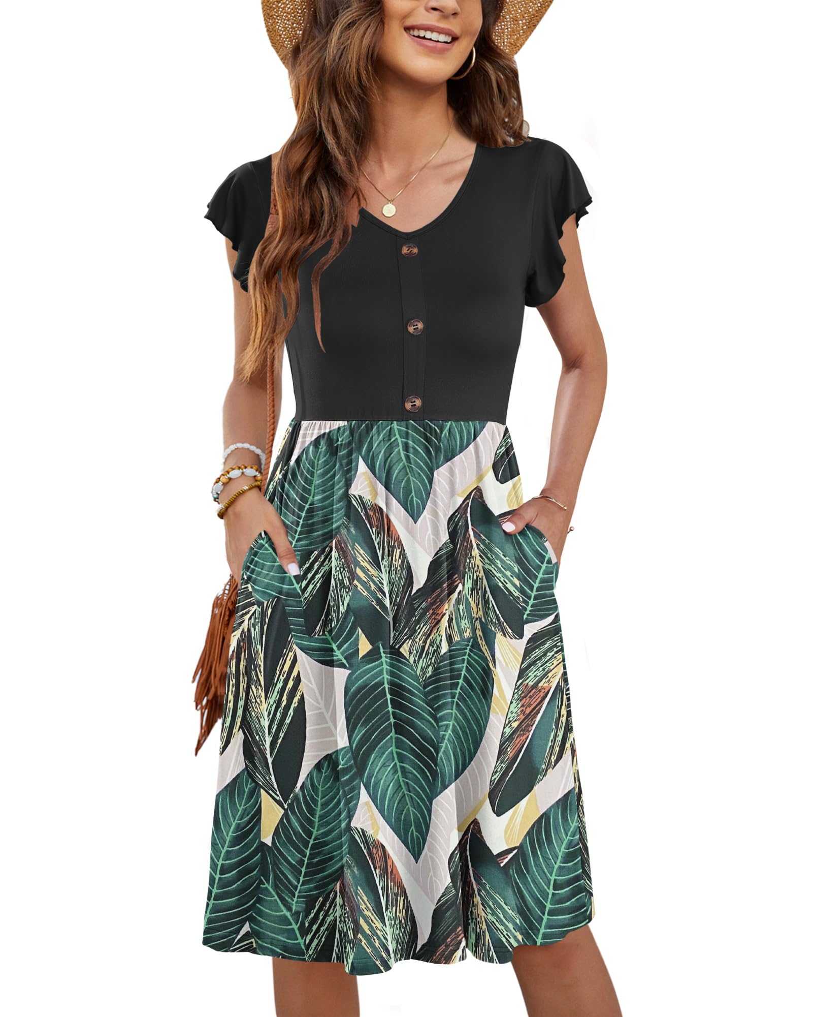 Molerani Women's Leaf Print2 Summer Dresses For Uk Ruffle Sleeve Sundresses V Neck Dress Casual Beach Dresses Elastic Waist Midi Dress With Pockets Leaf Print 2XL Size