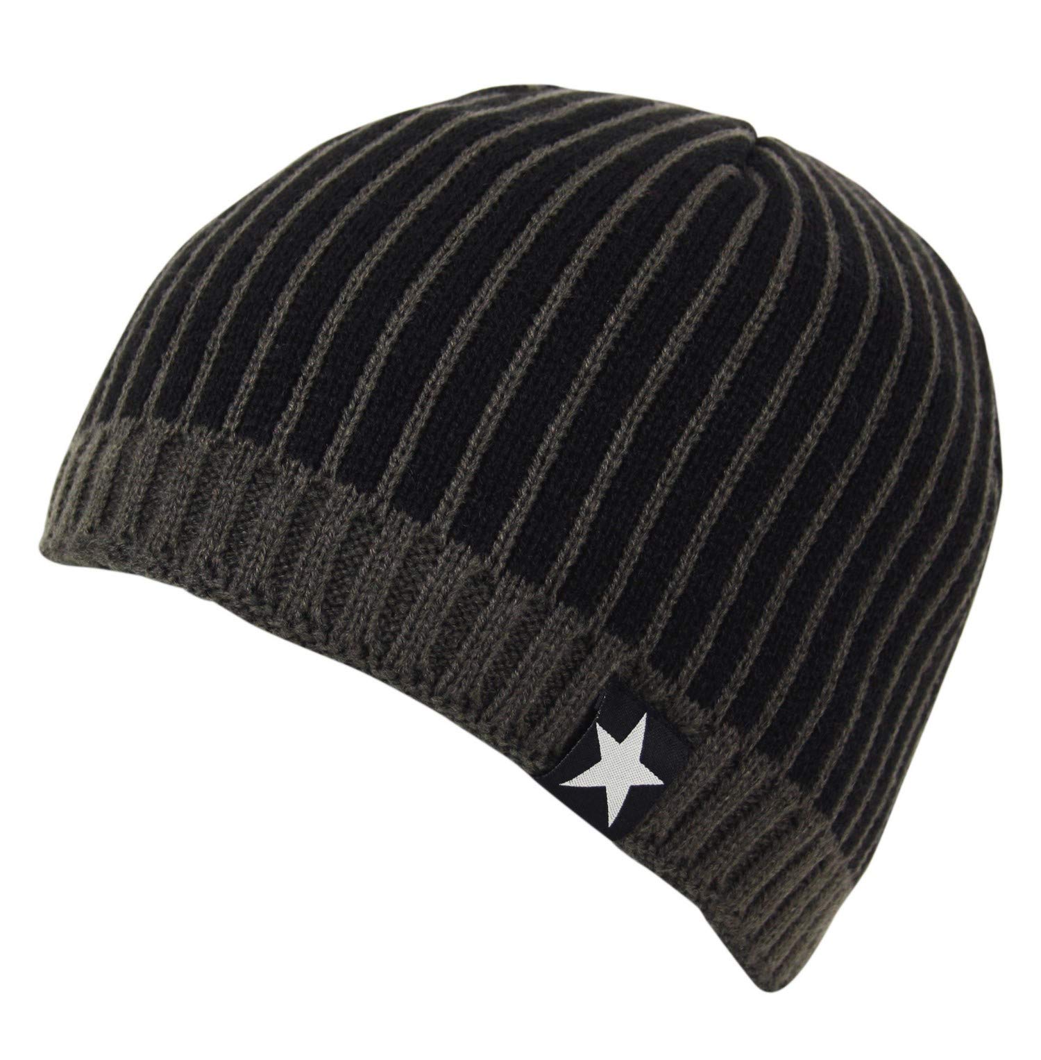 Itzu Star Striped Chunky Rib Knit .Fleece Lined Beanie Cap Hat in Charcoal/Black