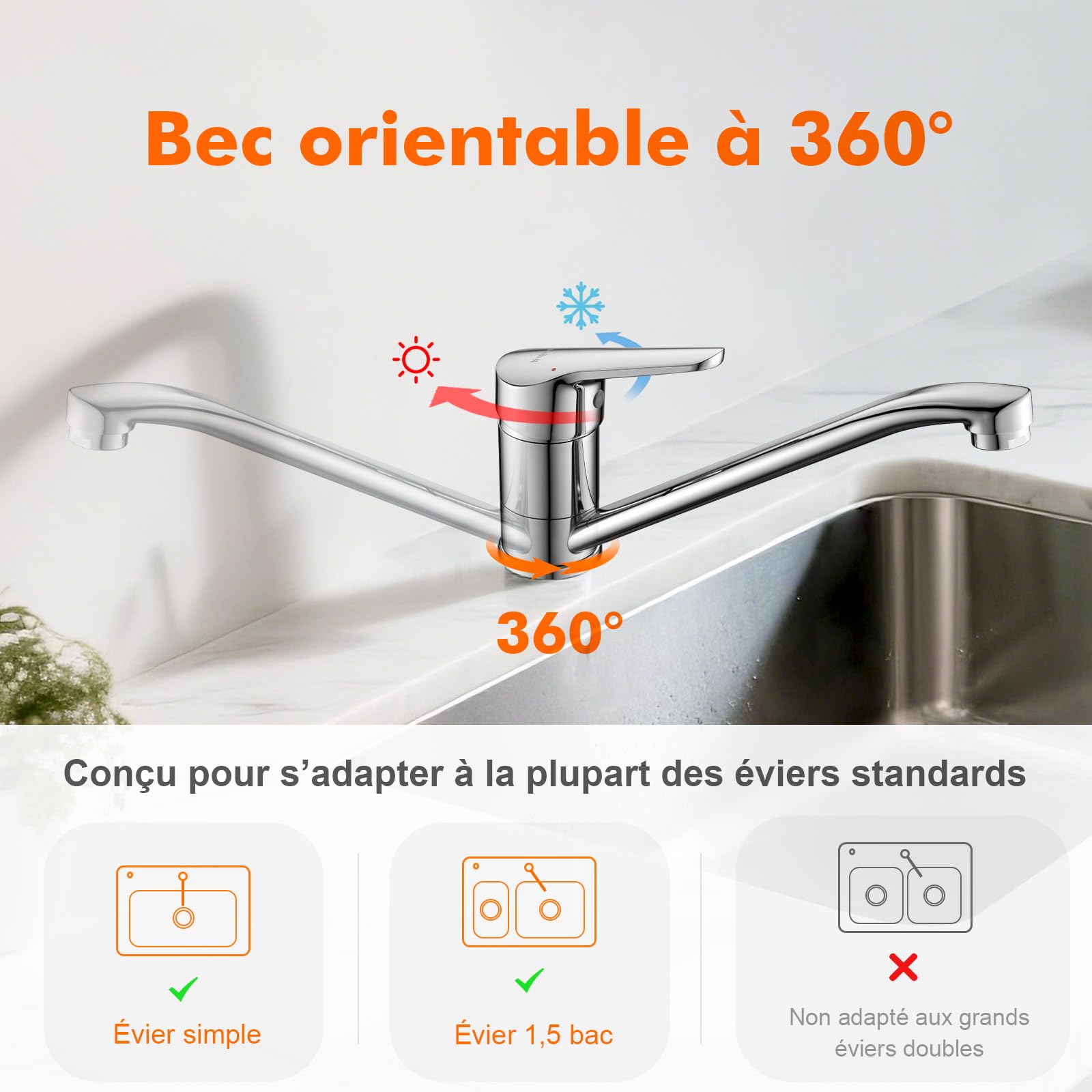 Ibergrif Mitigeur d'Evier Robinet Cuisine Monocommande Orientable 360° Laiton Chromé Argent