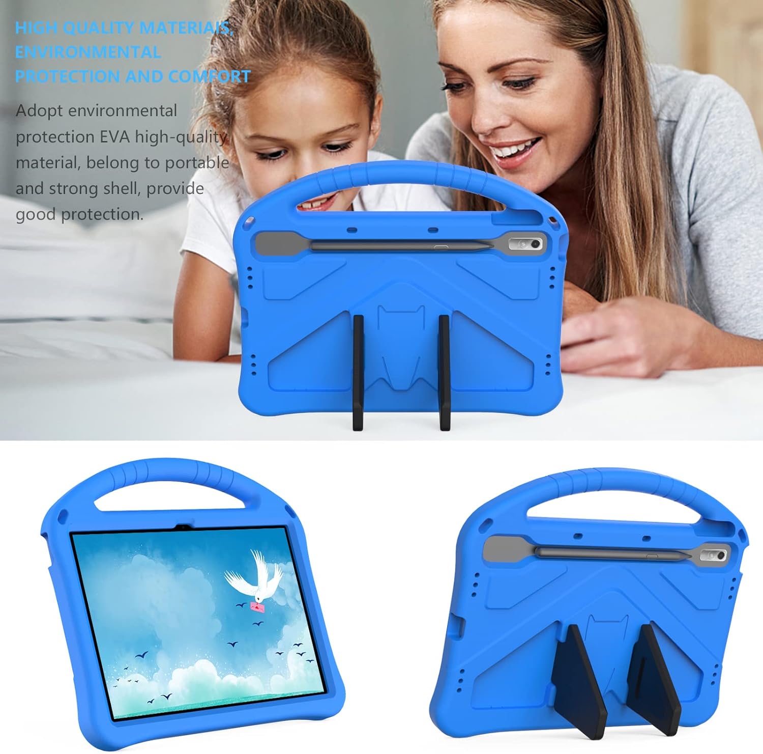ZORSOME tablet case with a tablet inserted, showing the handle and kickstand in use by a child and an adult.
