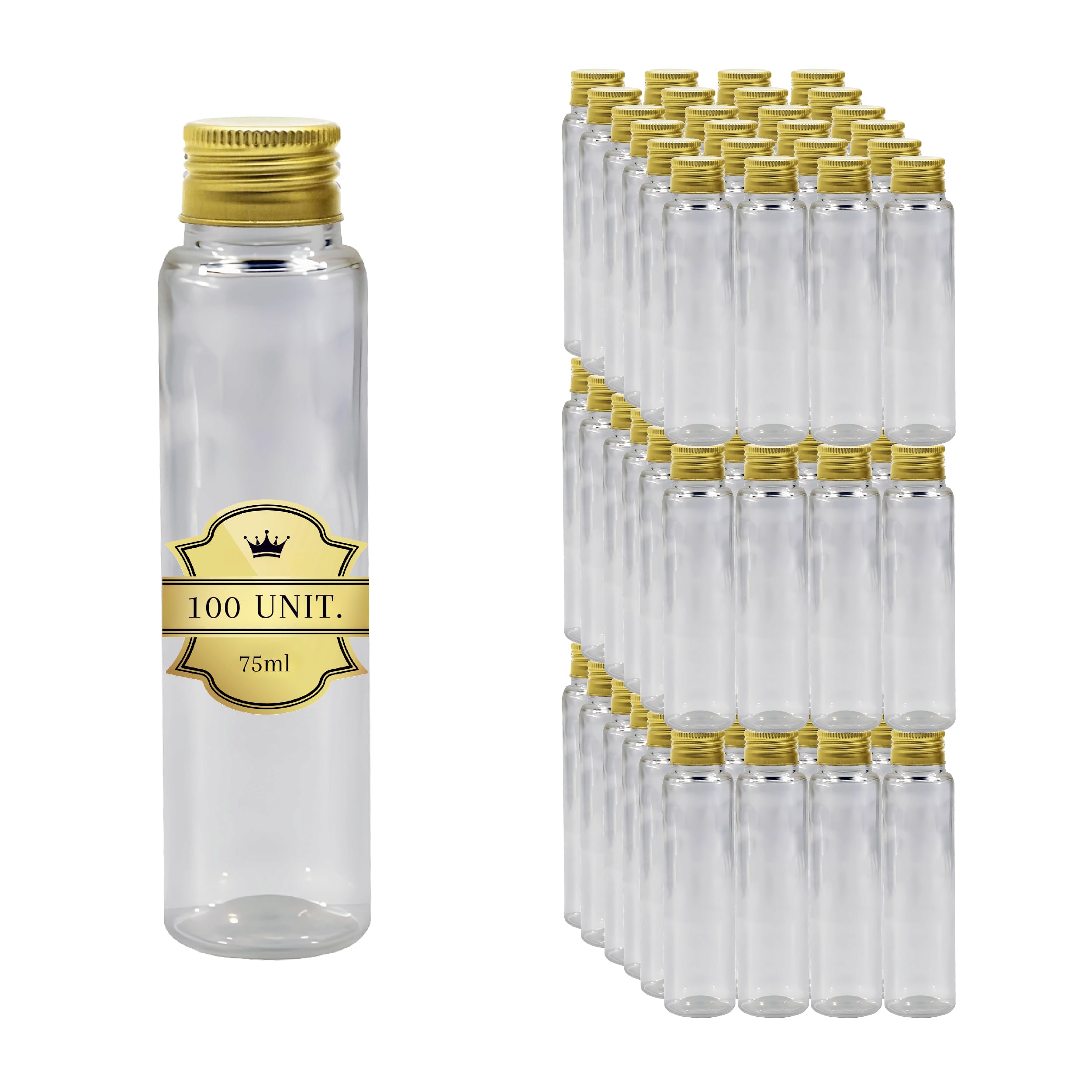 Pack de 100 botellas de plástico de 75 ml com Tampa Dourada – Botella Sensorial vacía, tubo de ensayo, mini frasco de cristal, caramelos, fiestas, especias, boda