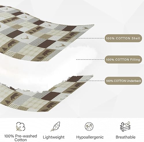 Miniatura 4 de PERHOM Juego de edredón tamaño King  Juego de ropa de cama reversible de 100% algodón, diseño de mosaico marrón, bosque, oso, ciervo, retazos, con 2