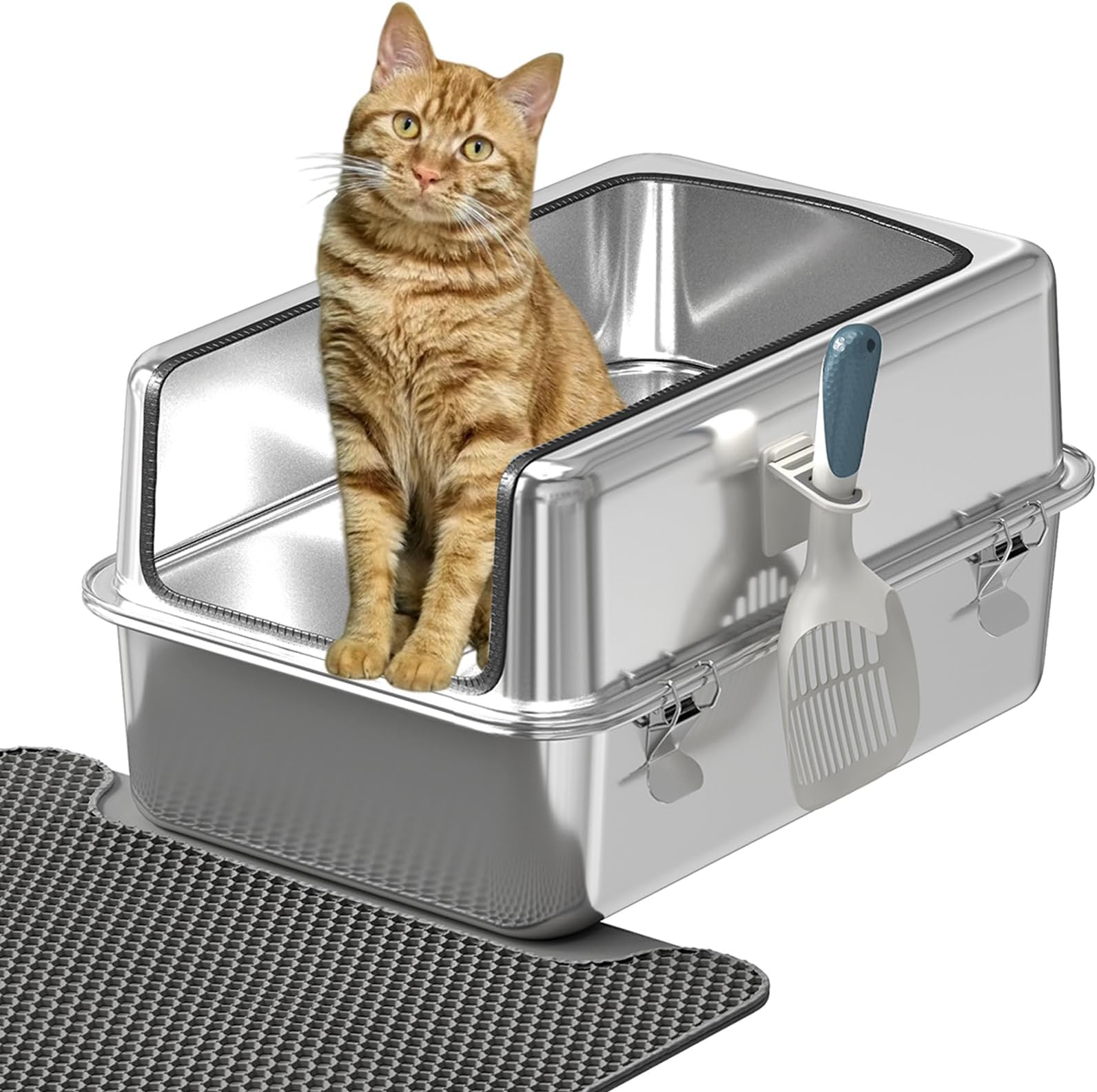 Stainless Steel Cat Litter Box, Anti-Splashing Metal Tray with Shovel, Dark Grey (Large