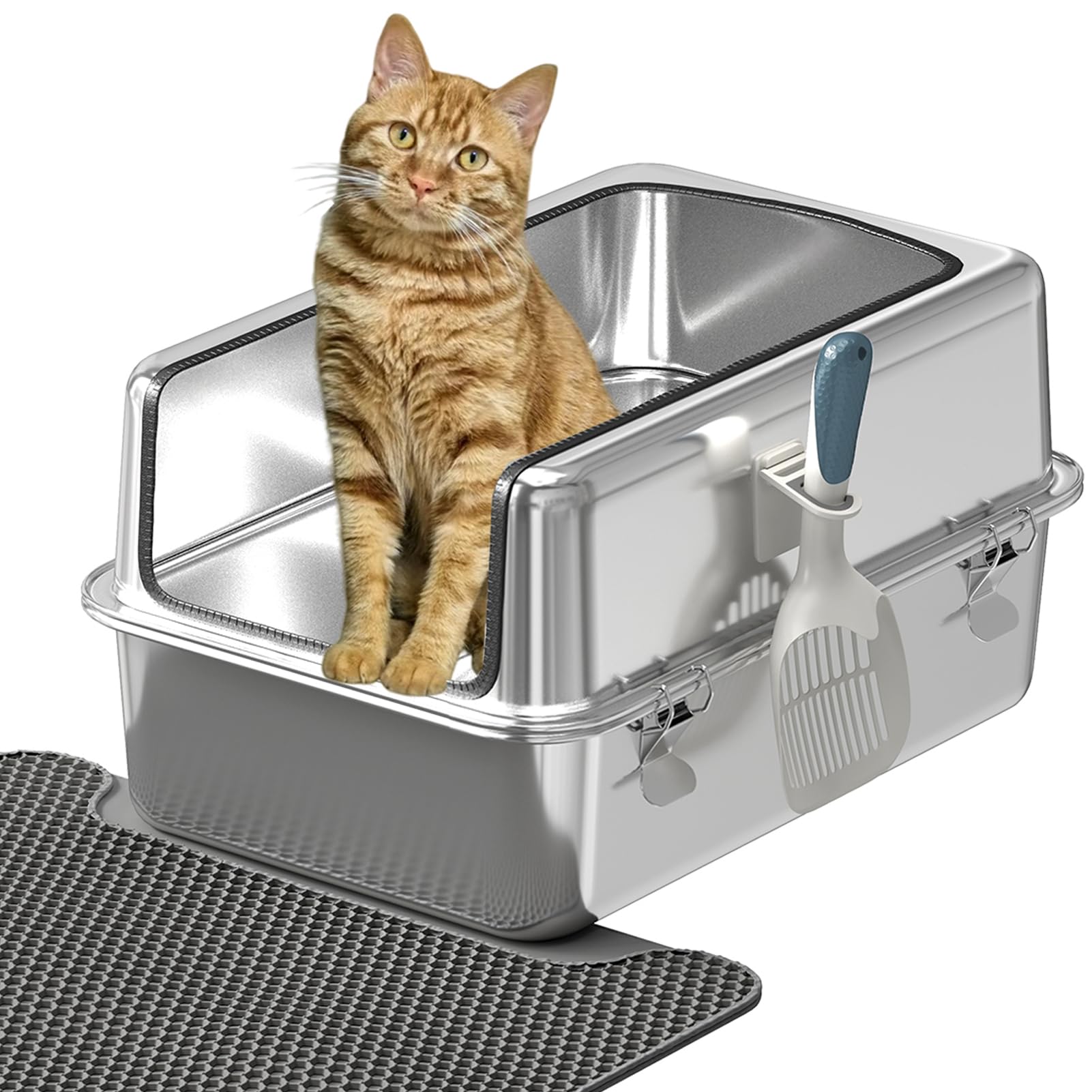 YORKING XXL Cat Litter Box All-Stainless Steel, 30L Cat Litter Tray with Splash-Proof Lid, Metal Large Litter Box Tray with Double Layer Litter Mat, Litter Scoop for Large Medium Cats,23.4x15.6x11.8in