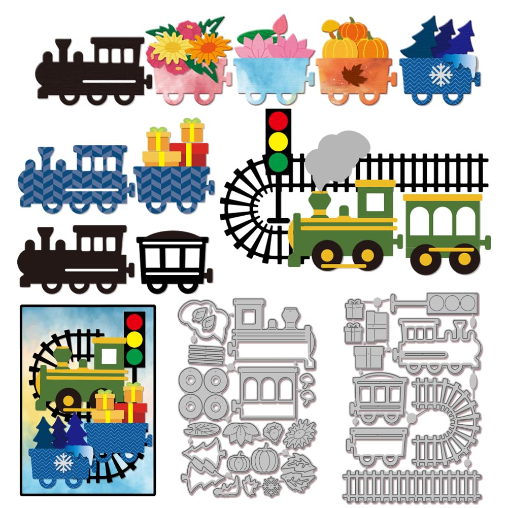 GLOBLELAND Train Tracks Cutting Dies for DIY Christmas Scrapbooking Railway Locomotive and Train Cargo Box Metal Die Cuts Flowers Plants Cut Stencils for Card Making Embossing Halloween Craft Decor
