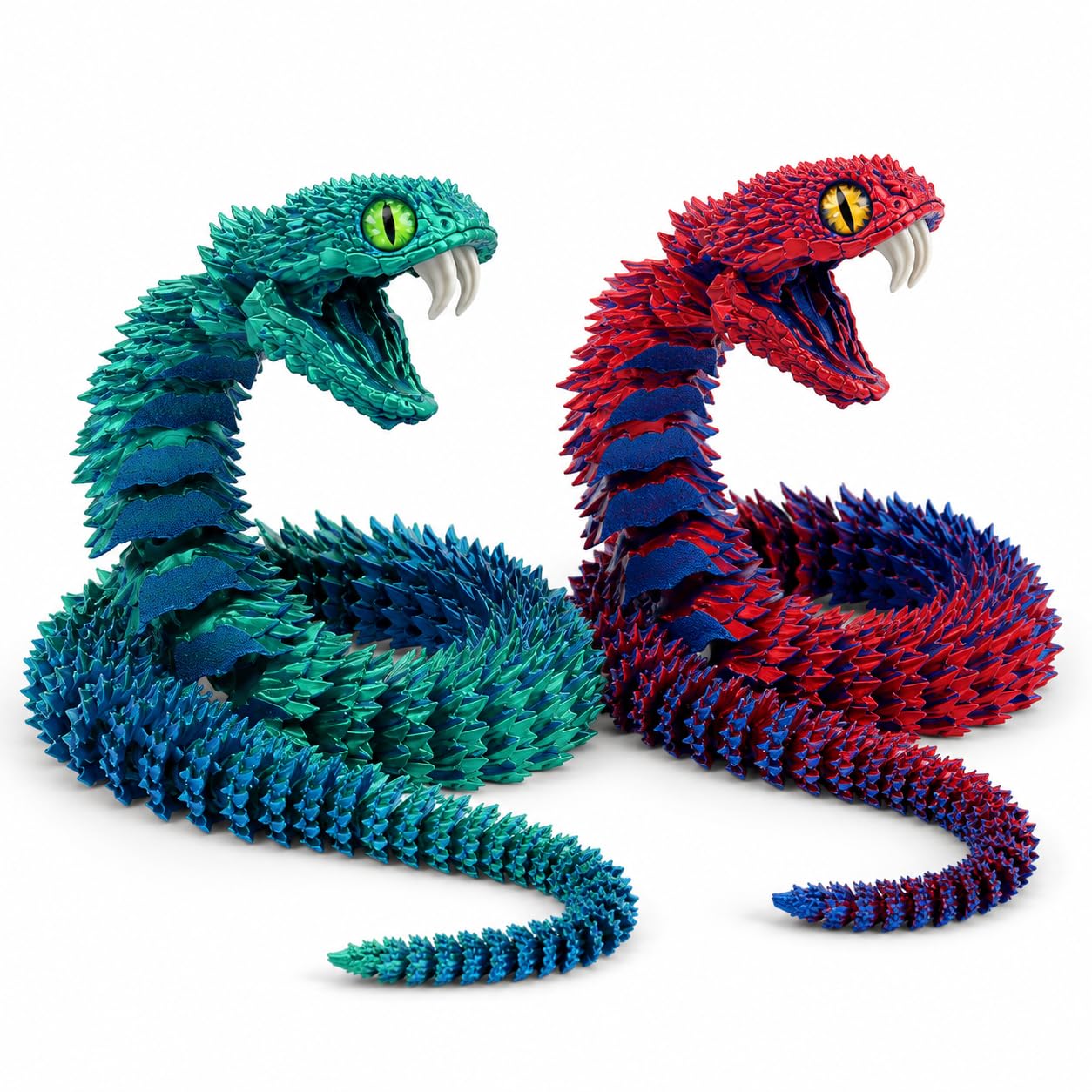 MAUDFEK 2 PCS 3D Printed Snake with Open Jaw Fangs, Two 3D Printed Snakes for Stress Relief and Focus, Blue Green and Blue Red Snakes for Office and Study Use, Fidget Snake Tools for Peoples