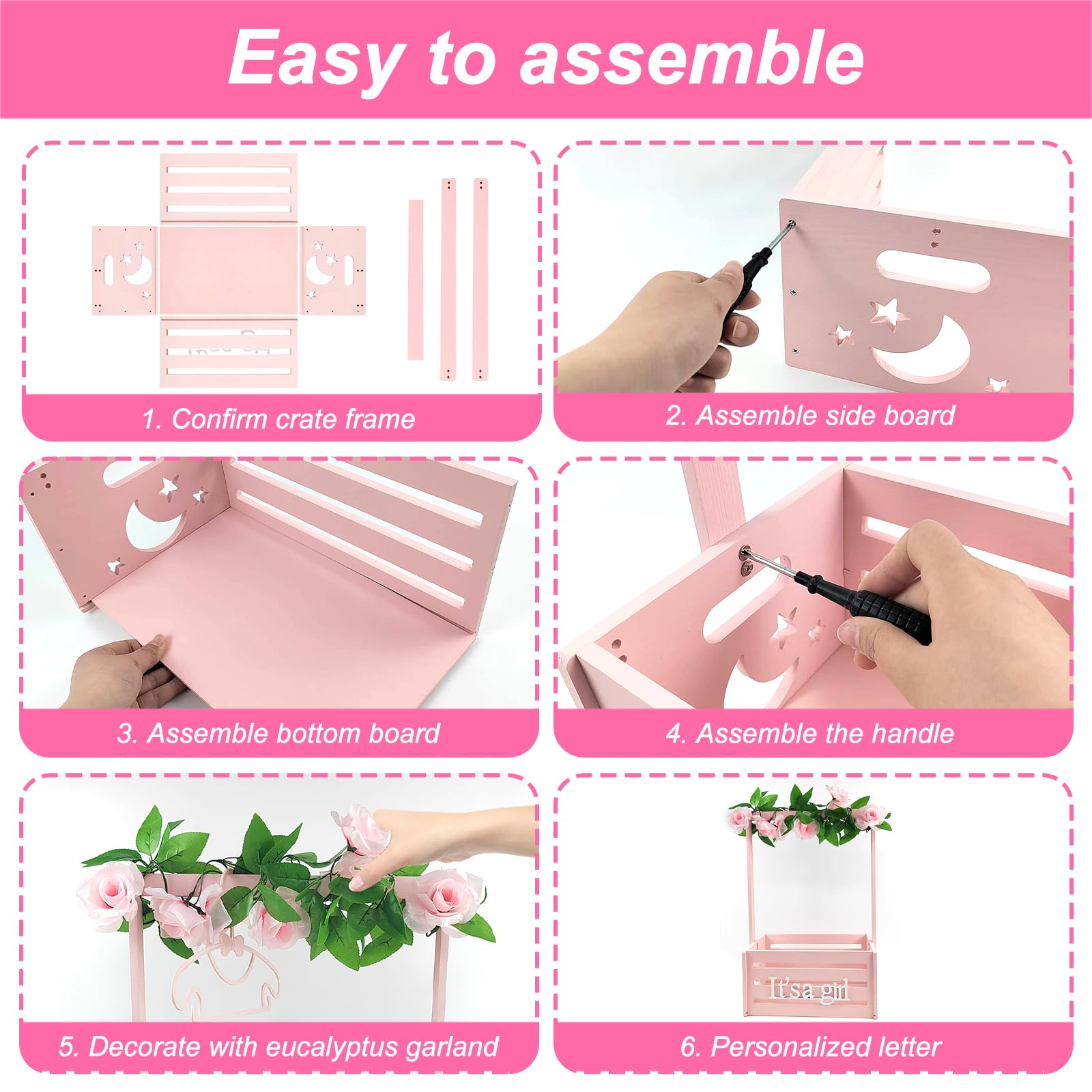 Sibosen Wooden Baby Shower Crate Closet,Baby Storage Crate Hamper with Handle, Garland and 10 Clothes Hangers - Image 4