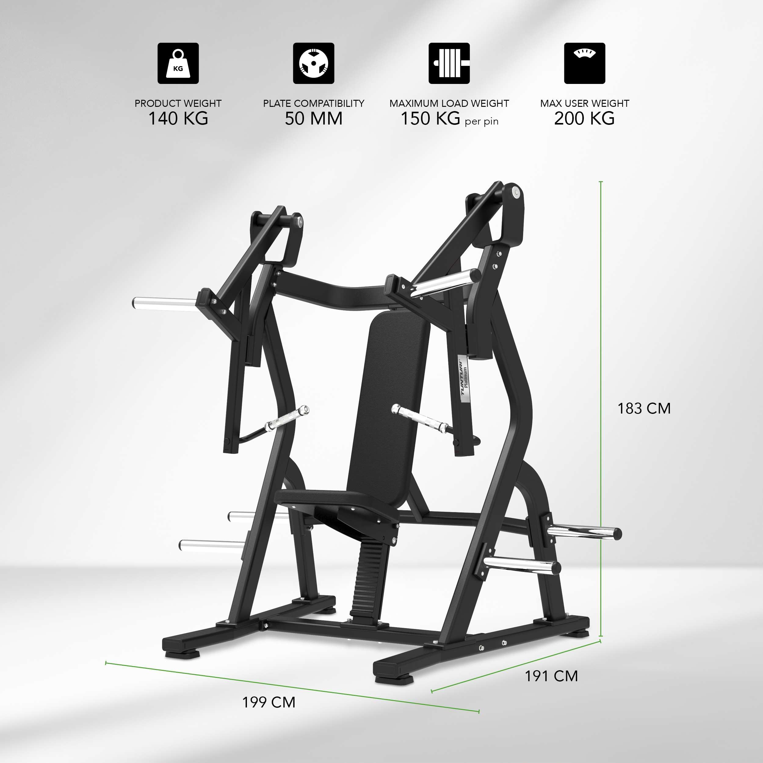 Tunturi Platinum Chest Press Kraftstation – Fitnessgerät für Brusttraining – Plate Loaded Homegym – 200 kg Maximales Gewicht – V-Serie