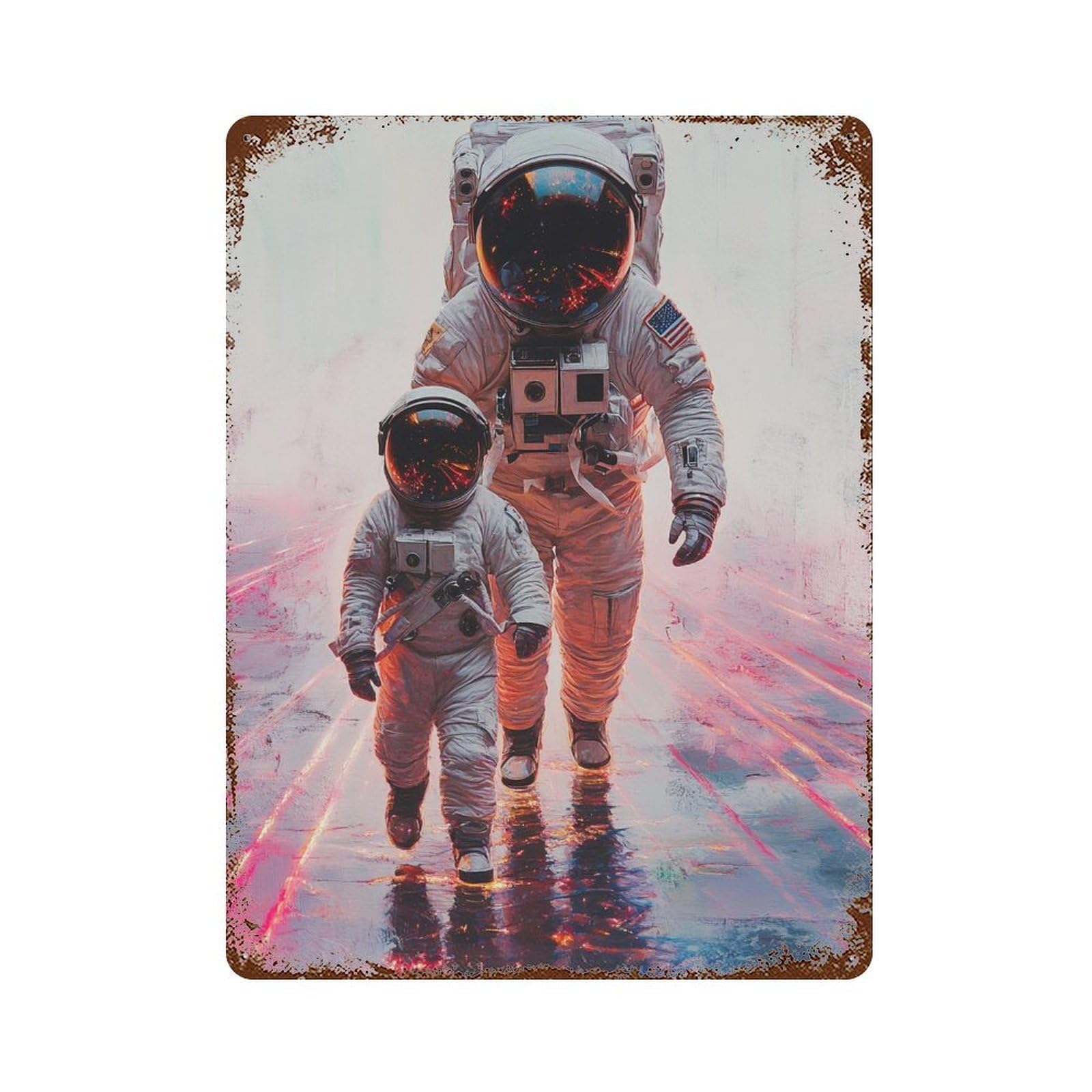 Garage Style Astronauts in Space Suit Distressed Metal Wall Sign 15.7"x11.8", Classic Wall Plaque for Bar And Workshop