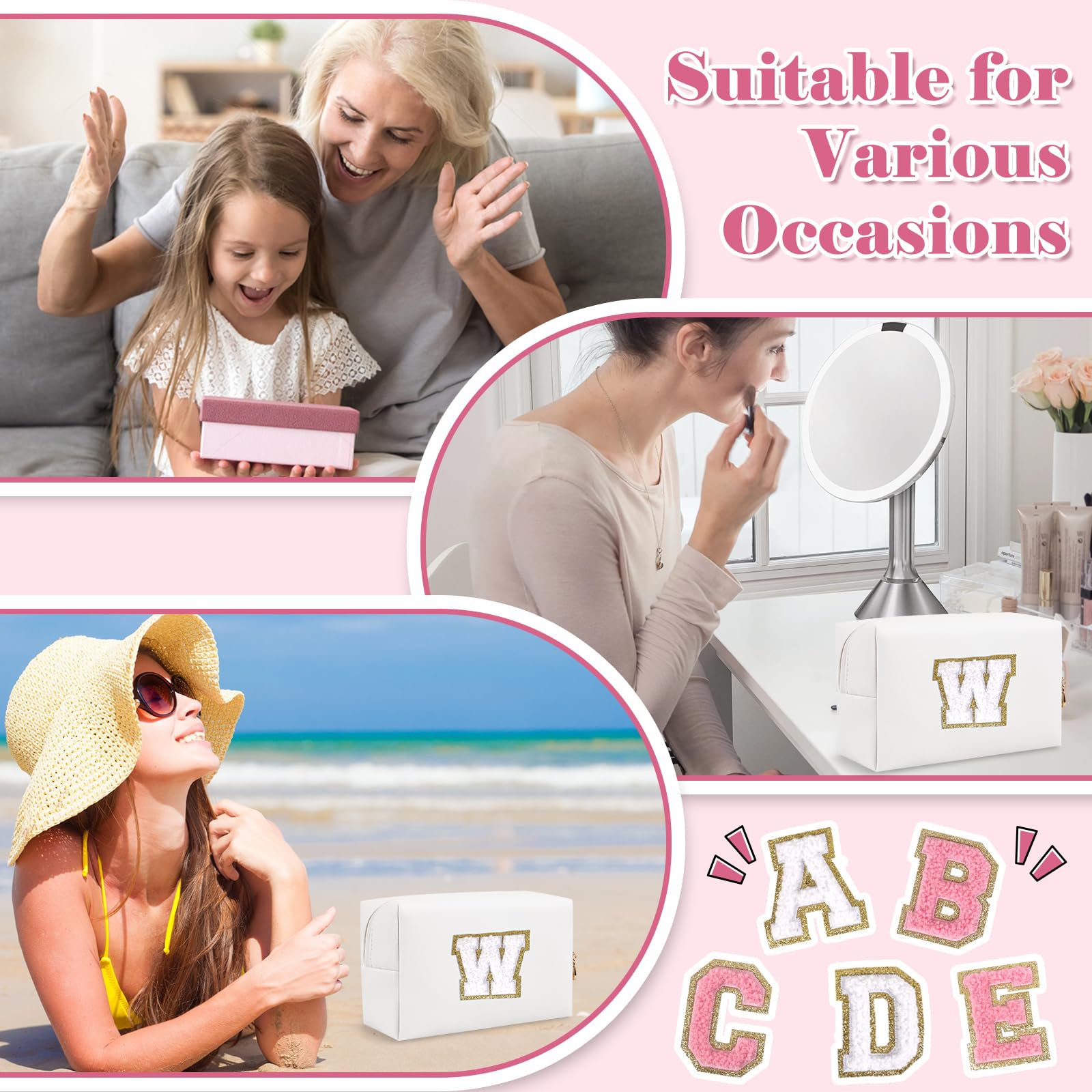 Personalisierte A-Z Kosmetiktasche, Kleine Reisetasche mit Reißverschluss, Süße weiße Kulturbeutel, Geschenk für Mädchen und Frauen Geburtstag, Weißer, weißer Buchstabe, W, modisch