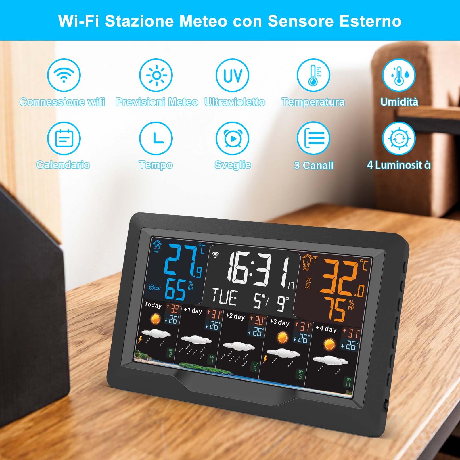 jely Stazione Meteo con Sensore Esterno, Stazione Meteorologica Wifi con App, Schermo a Colori, 4 Retroilluminazioni Regolabili, 3 Allarmi, Previsioni Meteo a 5 Giorni