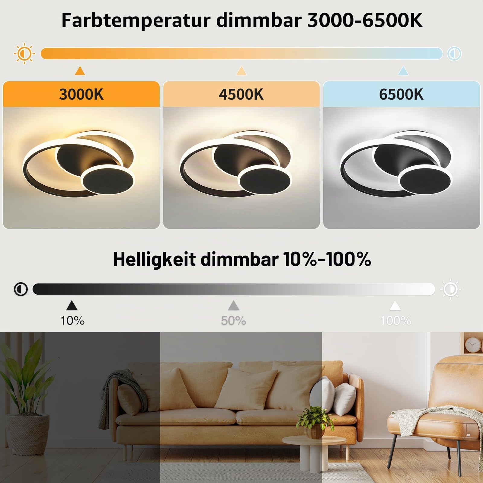 LED Deckenleuchte Wohnzimmer Deckenlampe, 33W Deckenleuchte Moderne mit Fernbedienung Dimmbar,3000K-6500K 3 Ring-Design Aluminium Led Deckenlampe für Wohnzimmer Schlafzimmer Küche,Schwarz,35*32*6.5cm