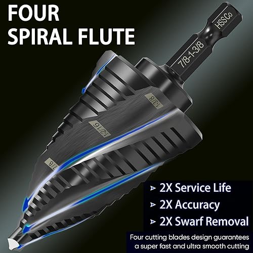 Miniatura 4 de ENBMEI Broca escalonada de cobalto M35 con cuatro flautas en espiral, 316 a 1-38 pulgadas (19 tamaños de paso), ideal para metal, acero inoxidable,