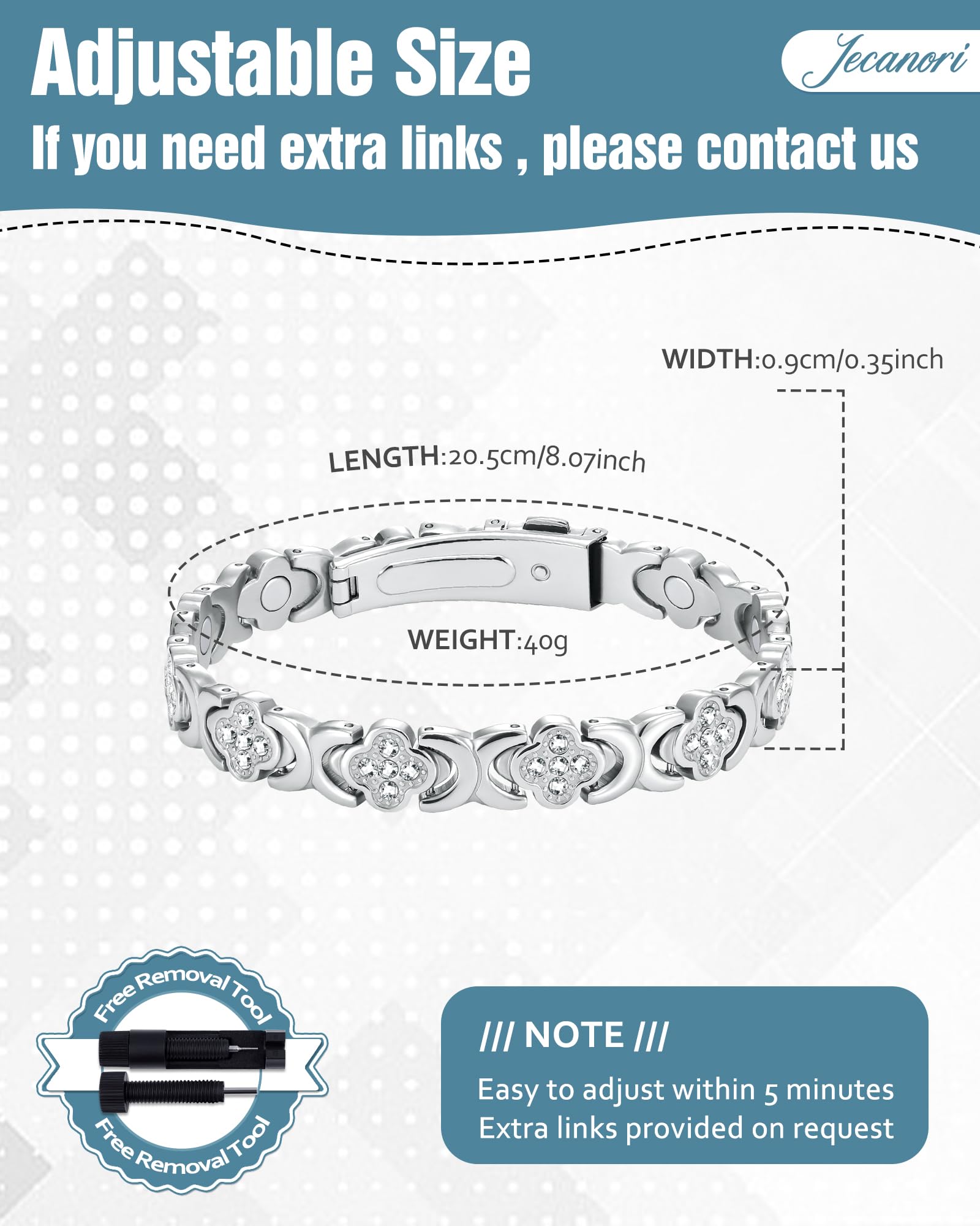 Jecanori Women's Magnetic Bracelet, Titanium Steel with 3800 Gauss Magnets, Adjustable Length Wristband - Image 4