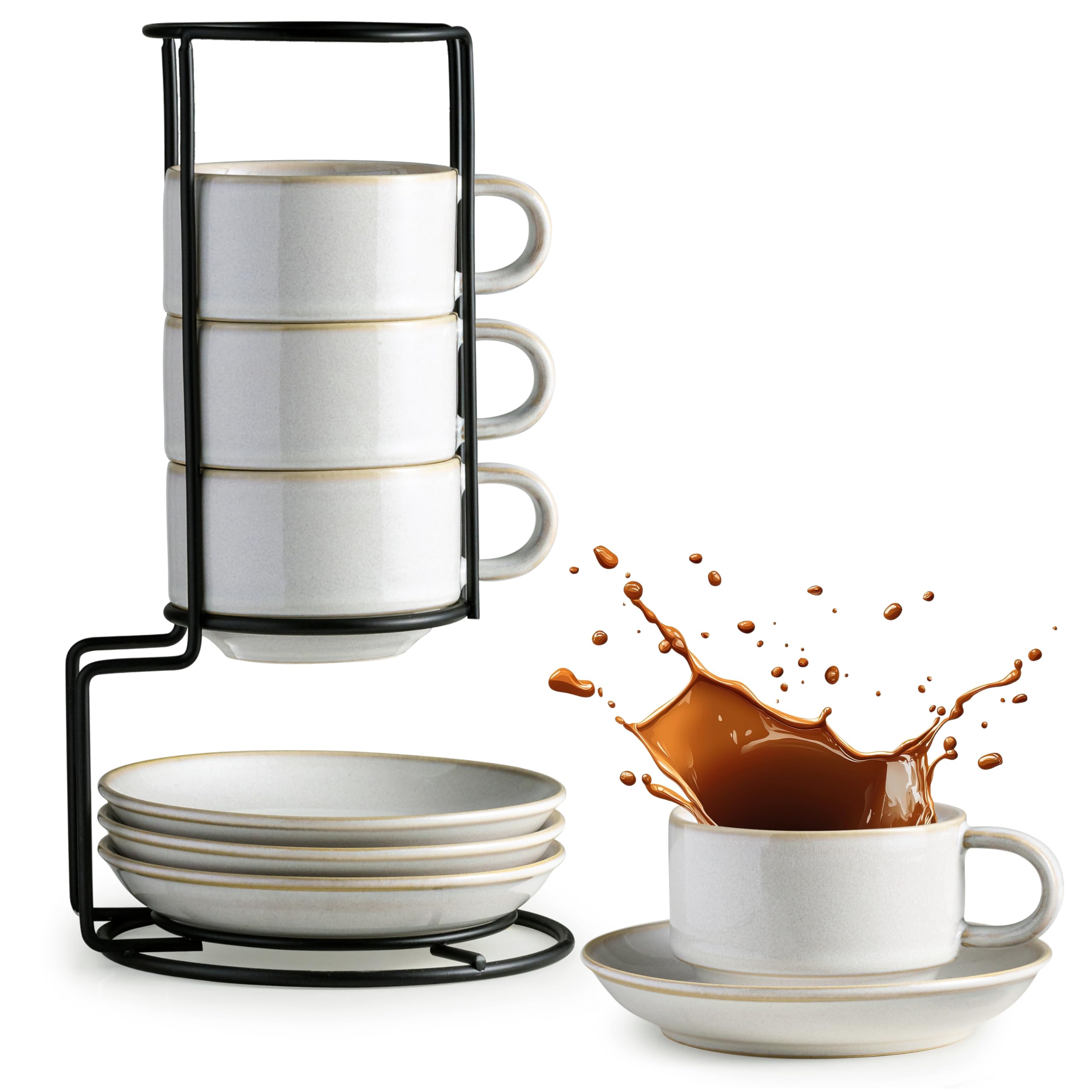 Gomakren 6 Ounce Cappuccino Cups Set of 4 with Saucers & Metal Rack, White