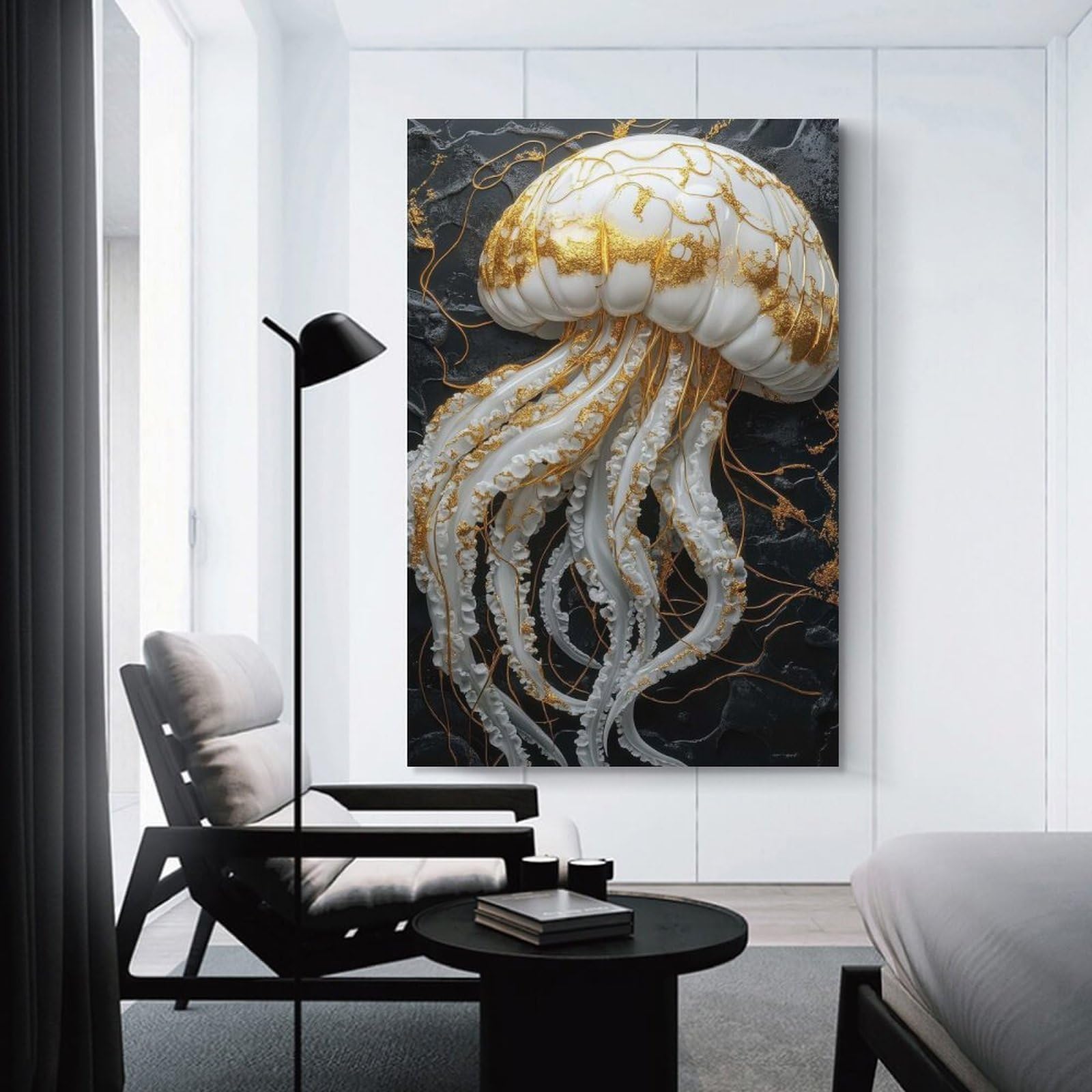 Junmoney Unframe-Style-10 Golden Jellyfish Art Hanging Wall Art, 24X36inch(60X90cm), For Bedroom Decor, Cosy Corners Or Studios, An Easy Wall Refresh For Bedrooms