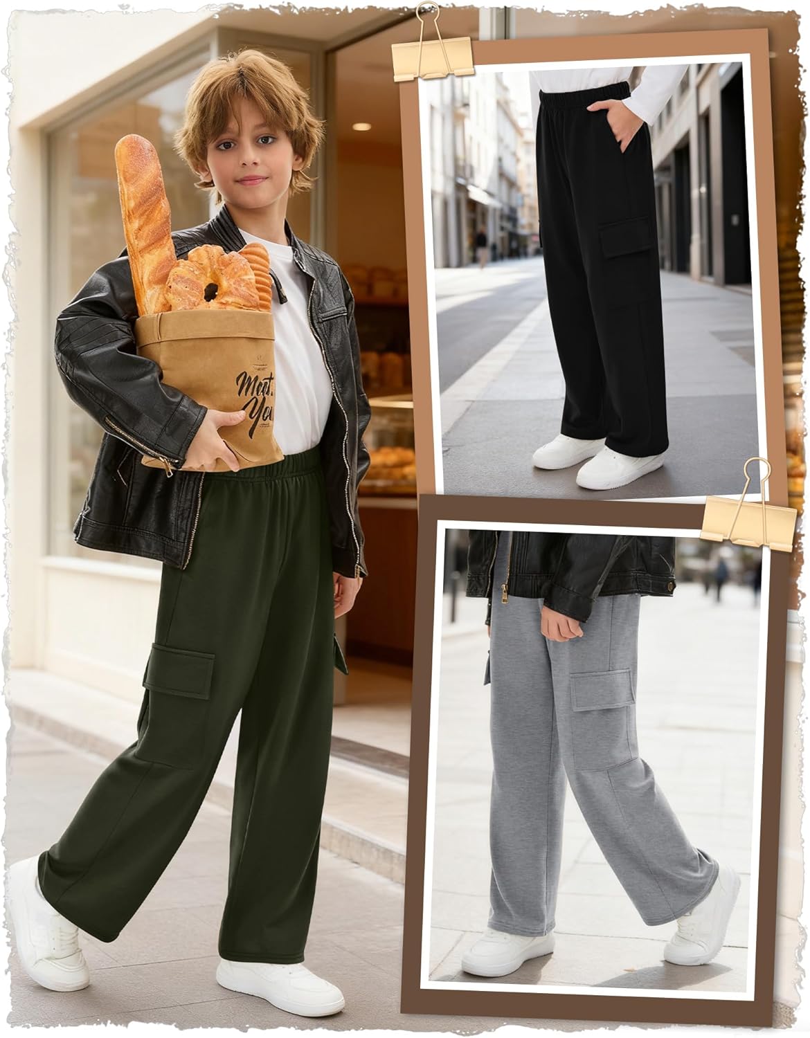 3 Pack Boys' Sweatpants Wide Leg Baggy Cargo Pants with 4 Pockets Kids Elastic Waist Straight Loose Joggers(Black, Light Heather Gray, Army Green,Medium)