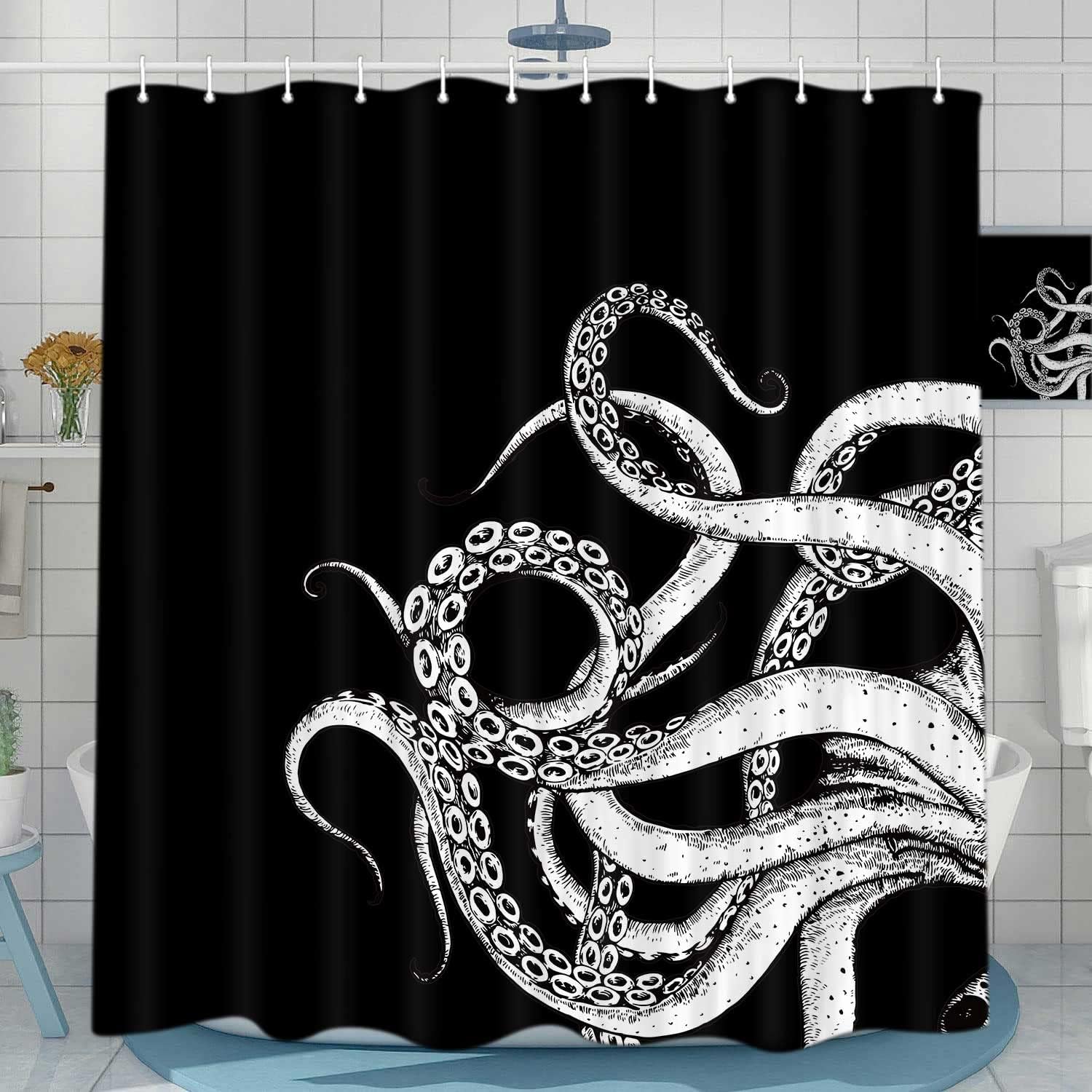 Octopus Decor Shower Curtain for Bathroom, Funny Black and White Sea Monster Kraken Animal Goth Fabric Shower Curtains Set, Unique Novelty Nautical Gothic Restroom Accessories with Hooks 72X75